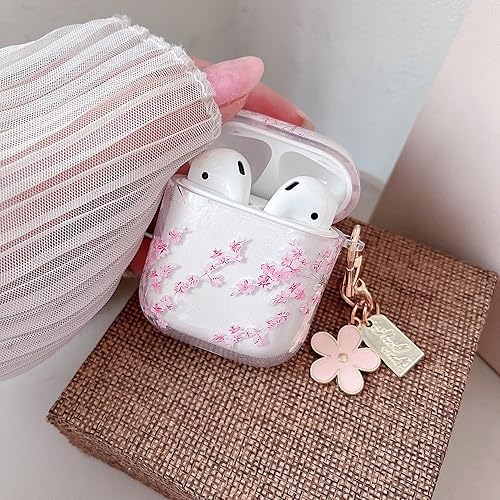Miniatura 5 de MINSCOSE Funda transparente compatible con AirPods 1 y 2, bonito diseño estético con llavero floral, funda protectora de TPU suave a prueba de