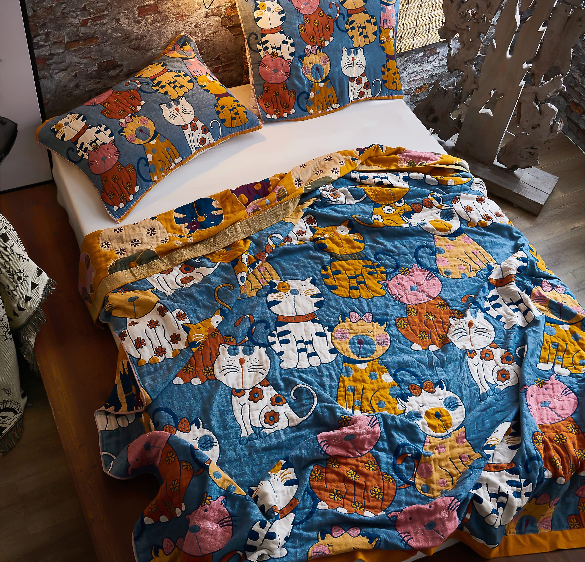 Musselin-Baumwoll-Decke – 100% Baumwolle, 4-lagig, Wendbar Mit Katzen-Motiv, Für Couch & Bett, Gelb