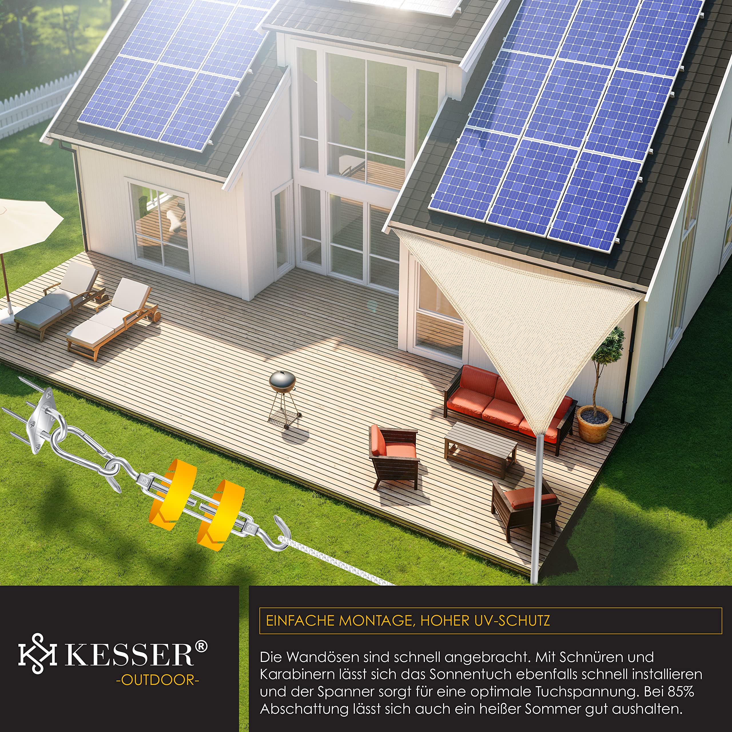 KESSER® Sonnensegel Sonnenschutz Windschutz | HDPE Gewebe | wasserabweisend & windabweisend | Dreieck 5x5x5m | 5-Fach quer vernäht robust & stabil Schattenspender Garten Balkon Terrasse Creme
