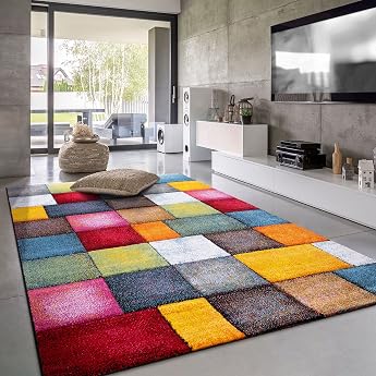 Paco Home Rug Living Room Childrens Room Short Pile Modern 3D Look Chequered Geometric Pattern Size 160 x 230 cm Colour Colourful