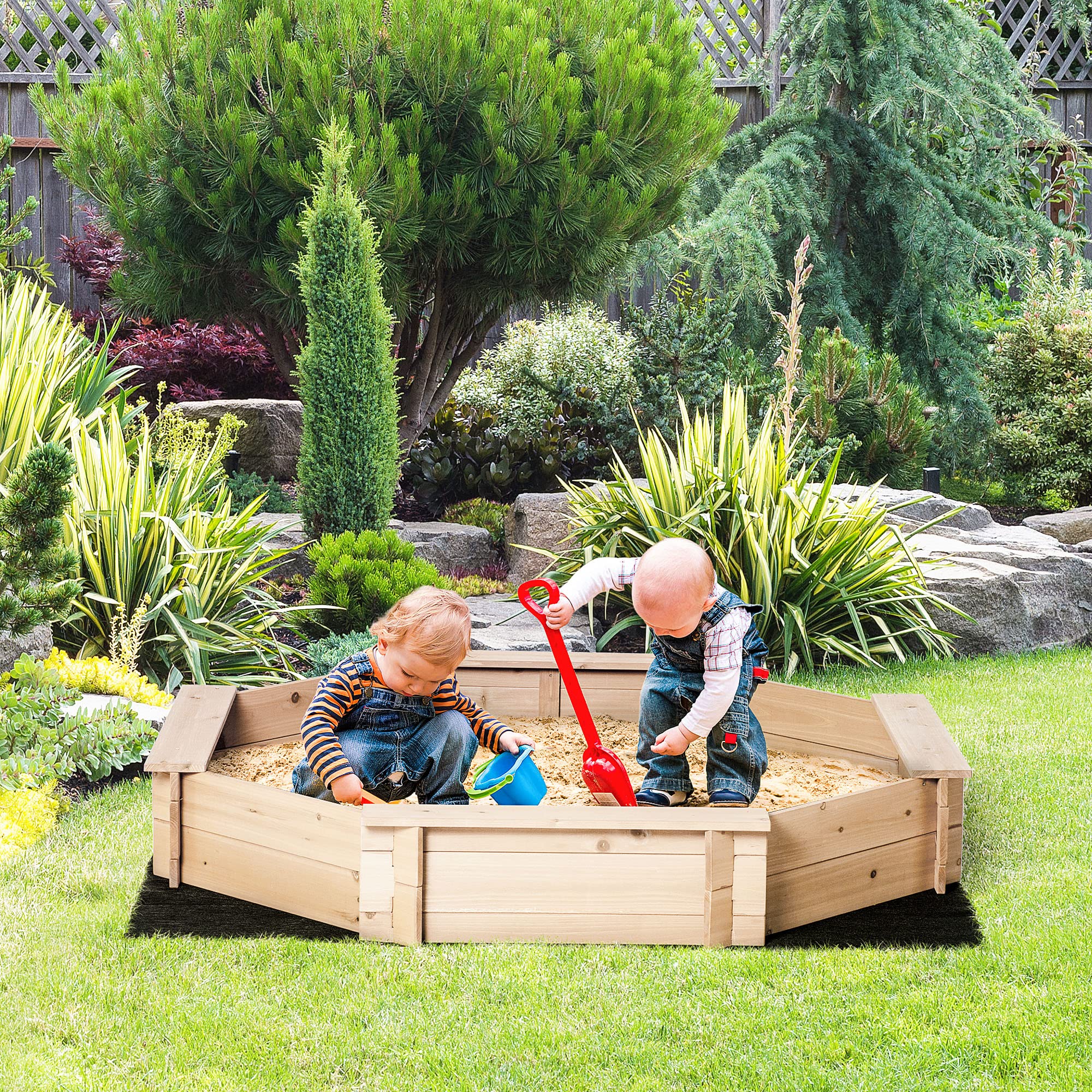 Outsunny Bac à sable en bois massif, octogonal, 140x140x21,5cm, 4 bancs avec bâche de couverture et sol non tissé, protection UV, facile à installer, jeux extérieur pour jardin, maison, plage, naturel