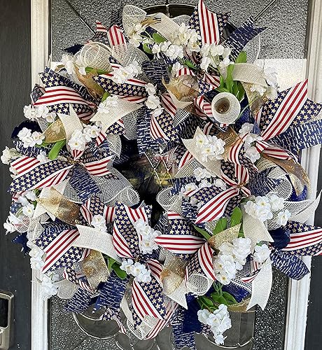 Miniatura 3 de Beautiful Patriotic Navy Blue Gold Cream 4th of July Floral Americana Style Front Door Deco Mesh Wreath, Memorial Day Everyday Decor, Home Porch