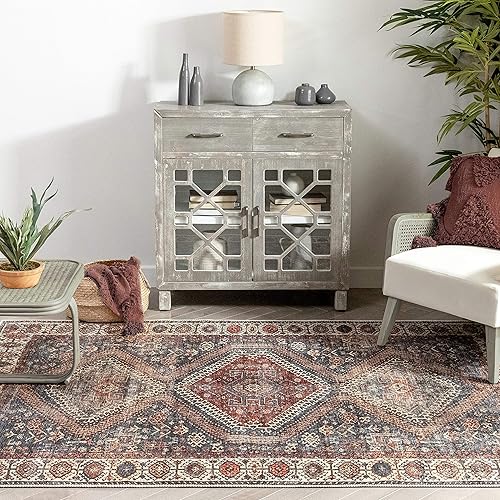 Miniatura 6 de Amesti - Alfombra tejida a máquina, lavable, diseño contemporáneo abstracto envejecido, estilo persa