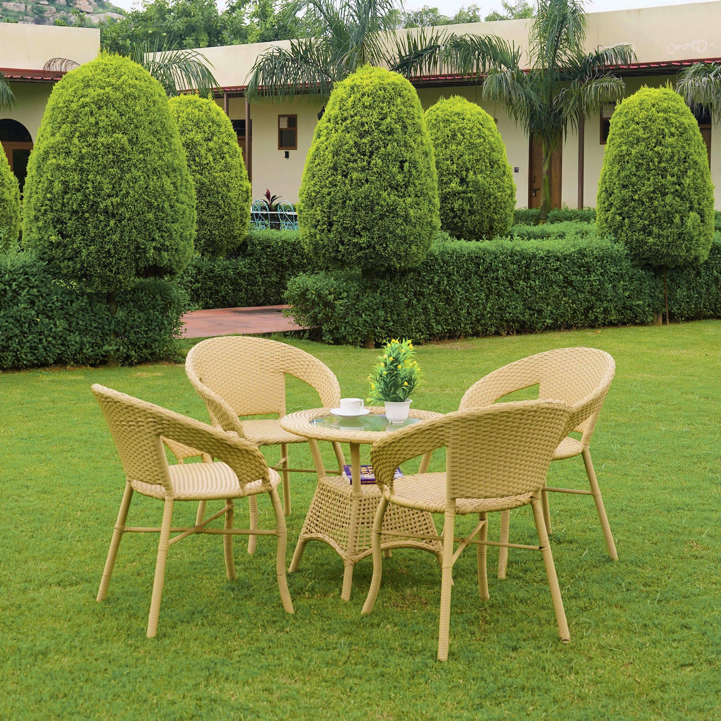 DEVOKO 5-Piece Outdoor Rattan Wicker Patio Bistro Set For Garden, Backyard, Balcony, Porch, Poolside Furniture With Beige All-Weather Wicker And Glass Top Table, (58 X 46 X 79Cm)