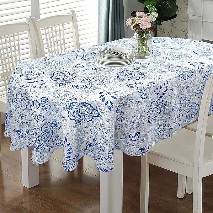 ZORKET Oval Tablecloth 60 x 84 Inch, Blue Paisley Floral
