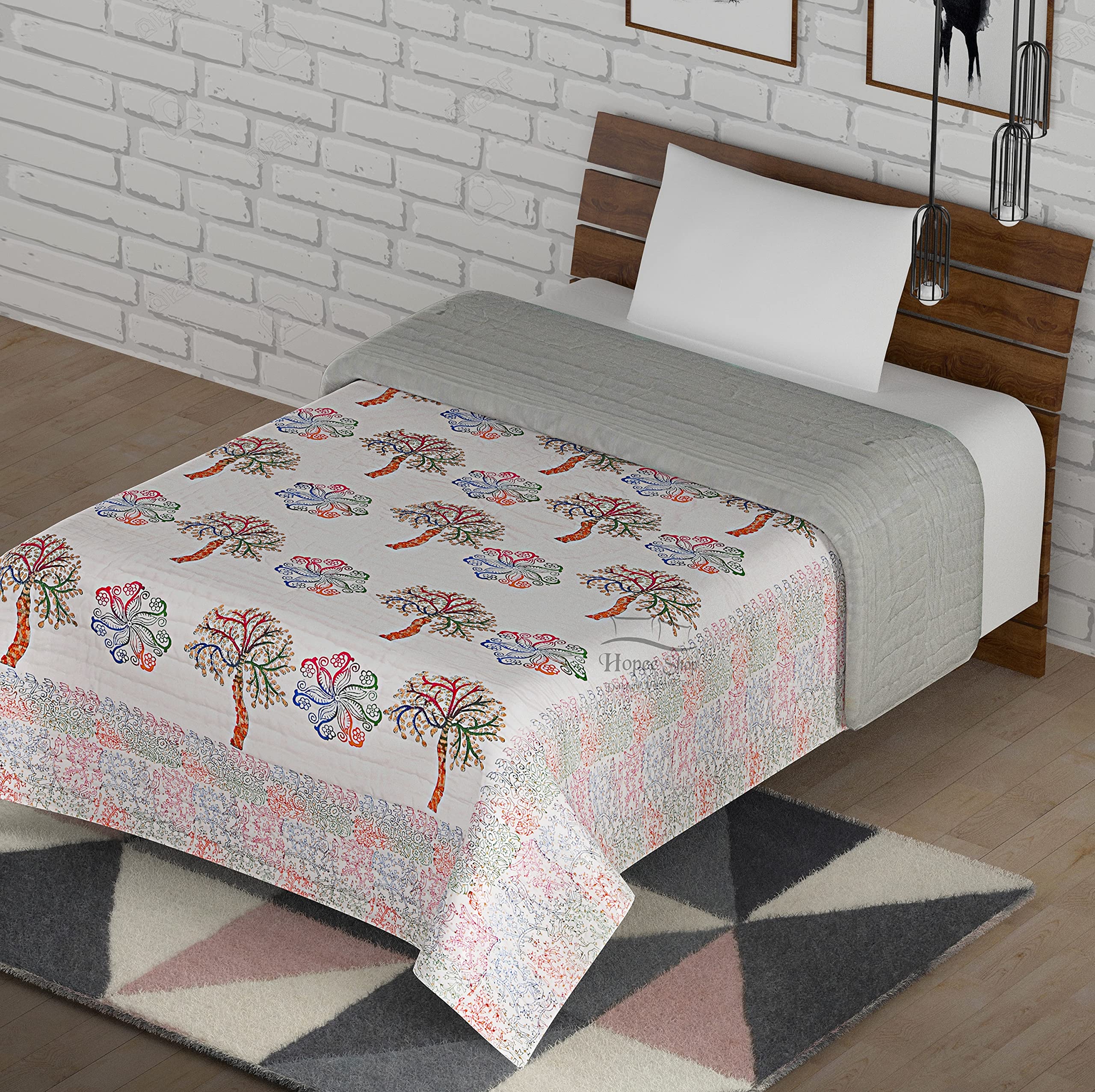 HOPEE SHOP Hand Block Floral Palm Tree Print 210 TC Jaipuri Razai Multi Color Soft Mulmul Pure Cotton King Size Rajai Rajasthani Double Bed Light Weight AC Quilt (Size 87X103 inch)
