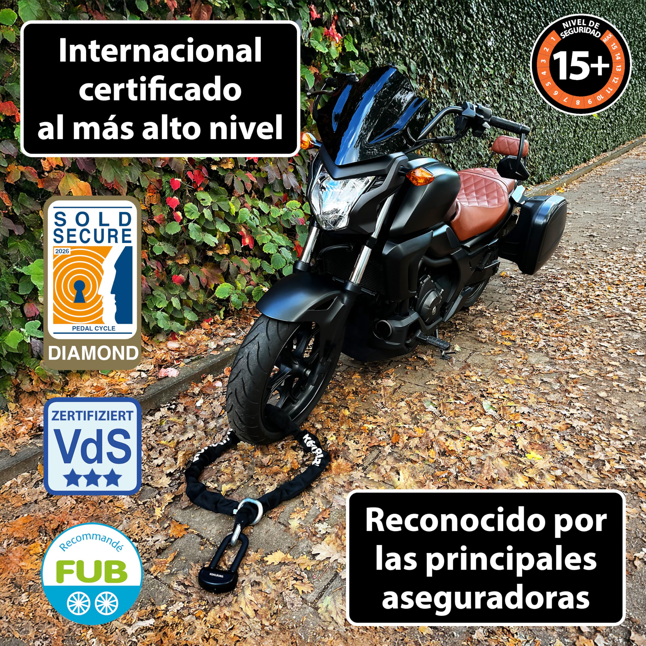 KOHLBURG antirrobo de cadena macizo para moto 6kg, 150 cm de longitud con nuestro nivel de seguridad más alto 15+ de 15, cadena de acero de 13 mm super robusta como candado para moto, scooter y e-bike