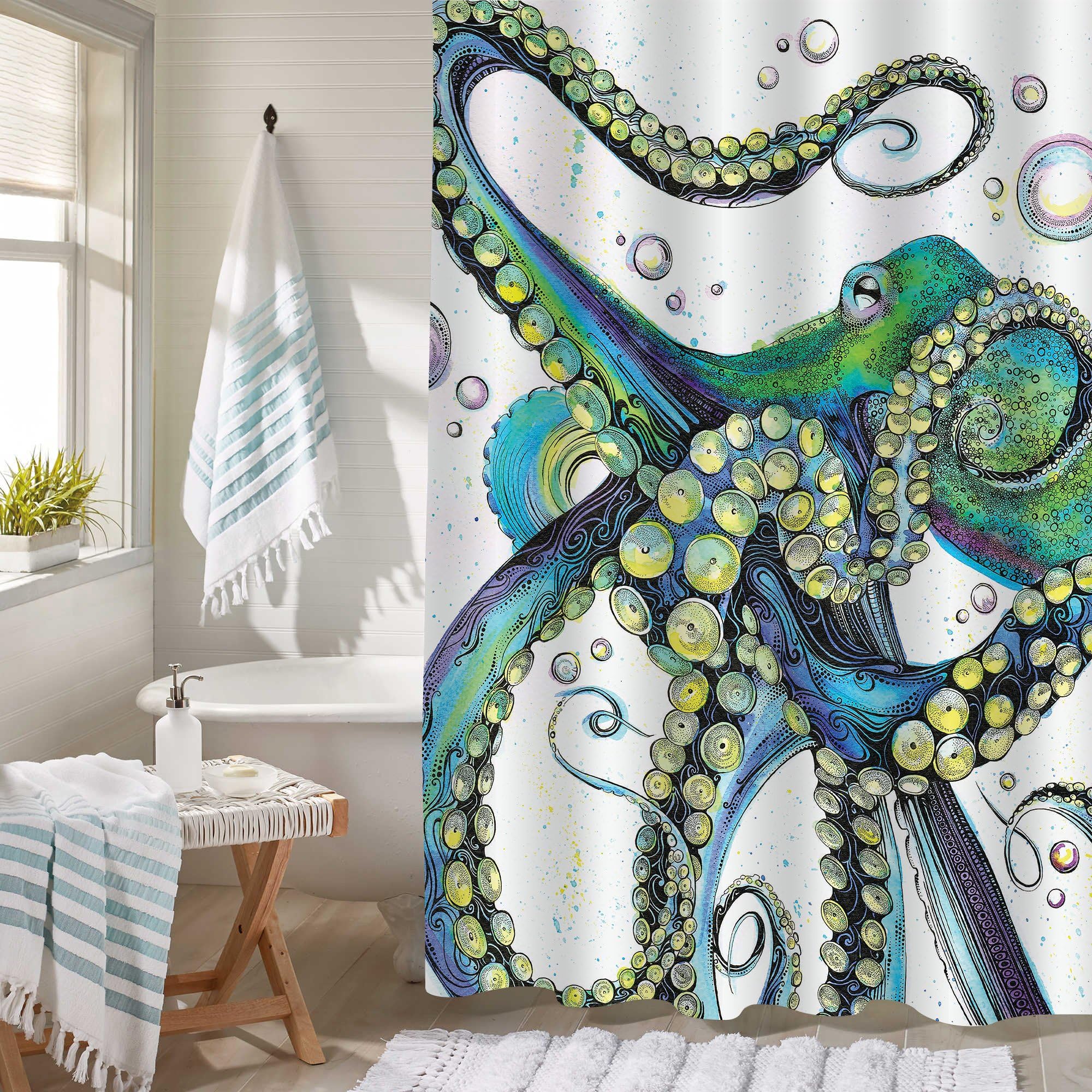 MitoVilla Trippy Octopus Shower Curtain, Vintage Sea Wildlife Monster Kraken Tentacles Art Print Bathroom Accessories for Mens and Kids Boy Ocean Theme Room Decor, Green, Yellow, 72" W x 72" L