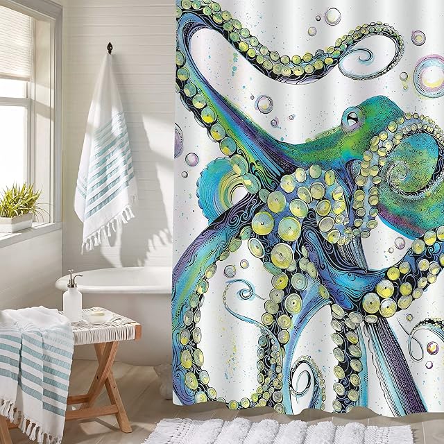 MitoVilla Trippy Octopus Shower Curtain, Vintage Sea Wildlife Monster Kraken Tentacles Art Print Bathroom Accessories for Mens and Kids Boy Ocean Theme Room Decor, Green, Yellow, 72" W x 72" L