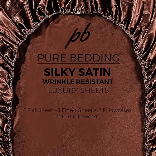 Miniatura 5 de Sábanas de satén King 4 piezas, marrón Juego de sábanas sedosas de lujo para hotel, juego de sábanas de microfibra extra suave de 1800, resistente a