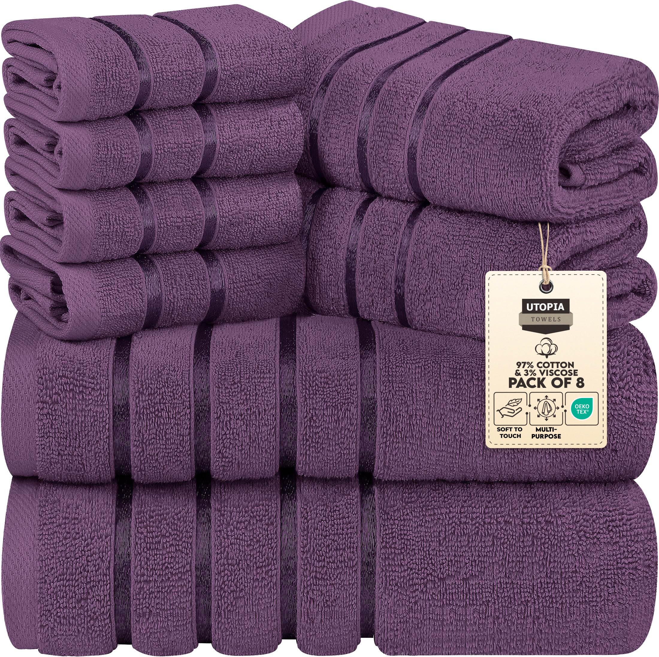 Utopia Towels 8 Piece Luxury Towel Set, 2 Bath, 2 Hand, and 4 Wash Cloths, 600 GSM Ring Spun Cotton, Highly Absorbent Viscose Stripe Towels, Ideal for Everyday use, Plum