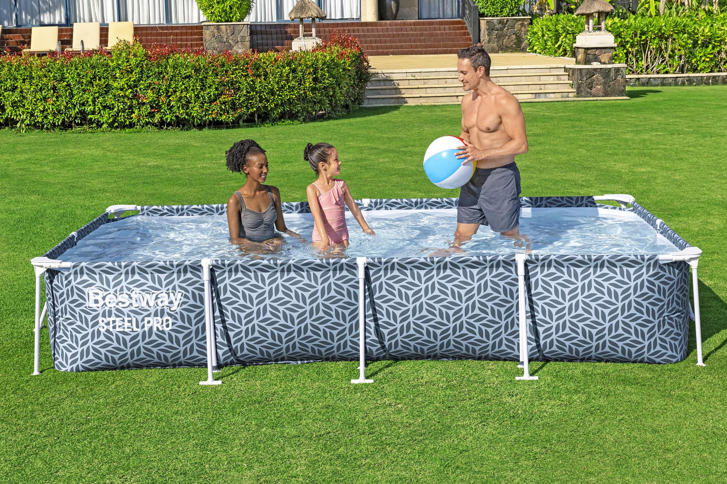 Bestway Steel Pro Frame Pool ohne Pumpe 366 x 201 x 66 cm, Blattform-Design, eckig