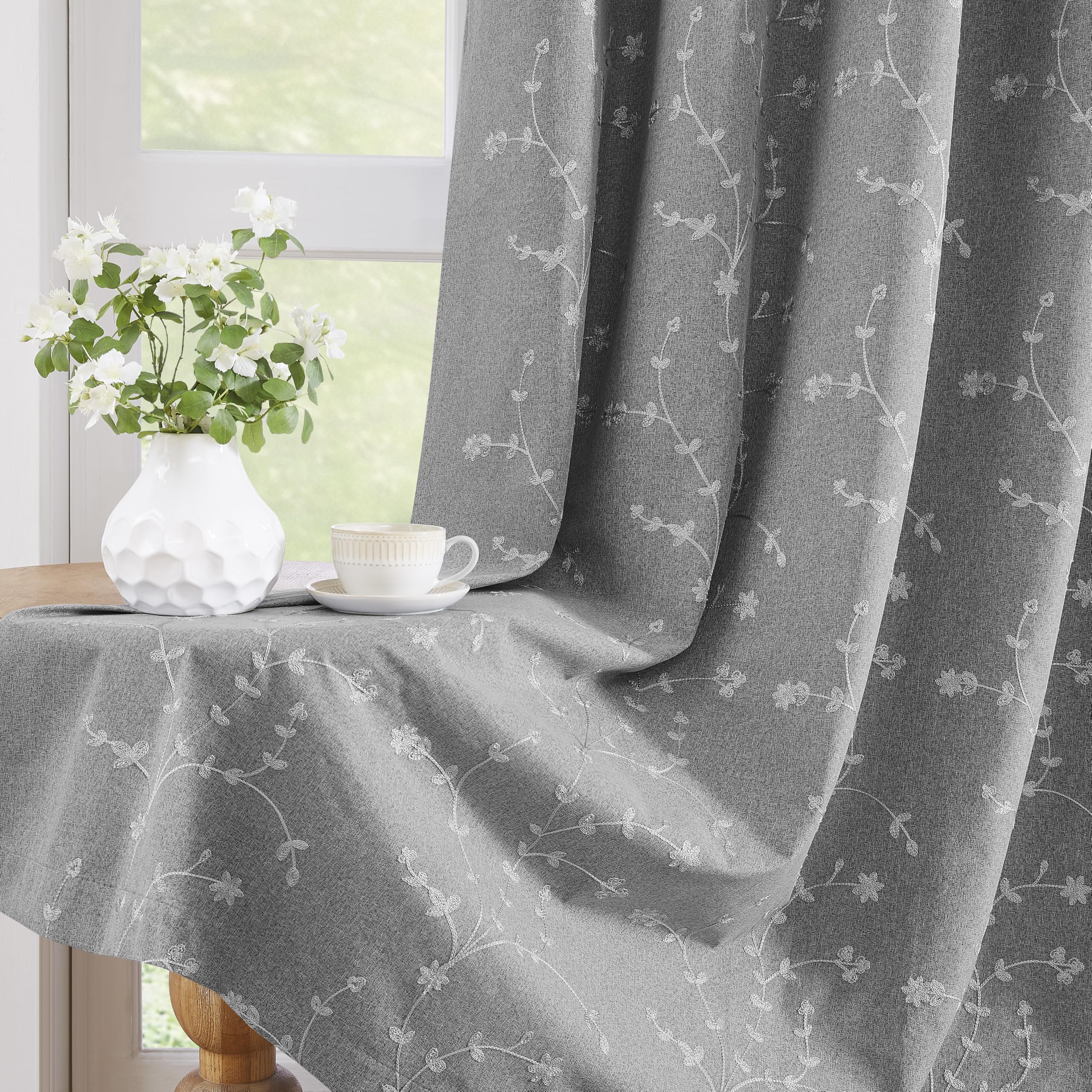 Bujasso Grey Embroidered Floral Blackout Curtains 46"x54" Grommet 2 Panels