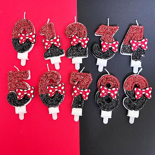 Miniatura 6 de Vela de cumpleaños número 3, velas de número de lentejuelas rojas y negras con lazo rojo 3rd Glitter Cake Candles
