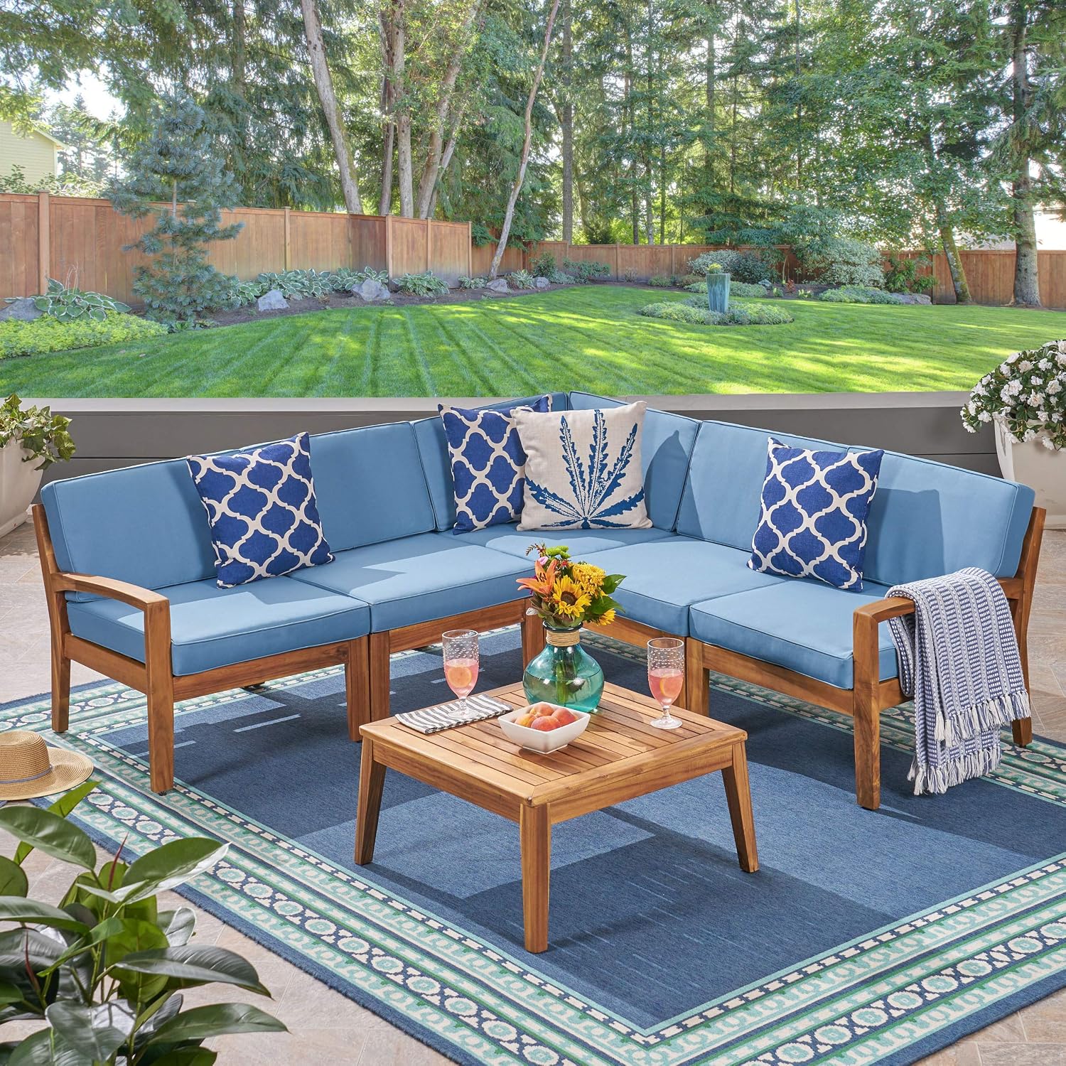 Great Deal Furniture Noble House Grenada Outdoor Acacia Wood 5 Seater Sectional Sofa Set Teak/Blue
