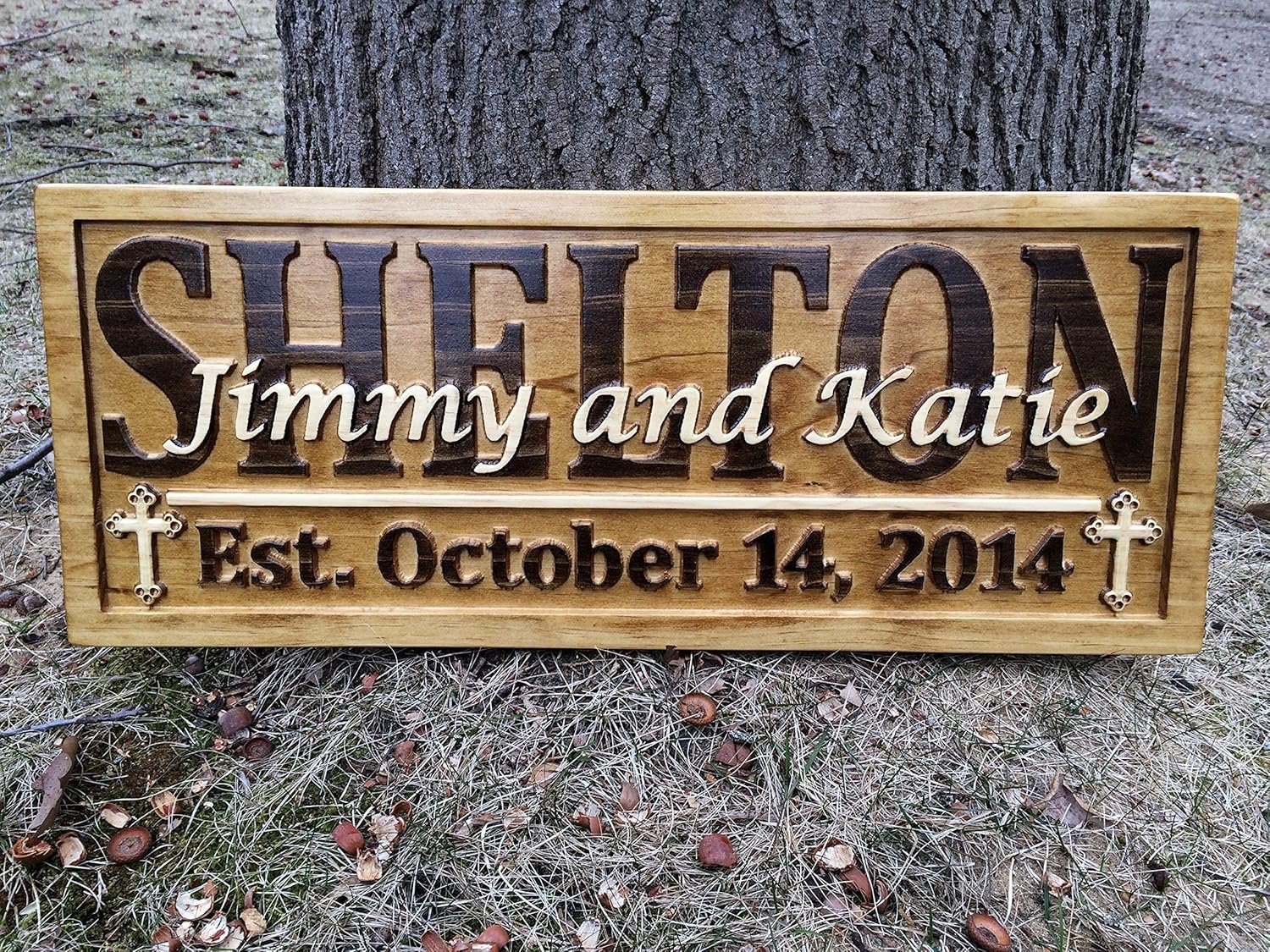 Personalized Cross Décor Family Name Signs Custom Wedding Gift Wood Carved Sign Last Name Established 3D Wood Plaque Couple 5 Year Anniversary Religious Gift