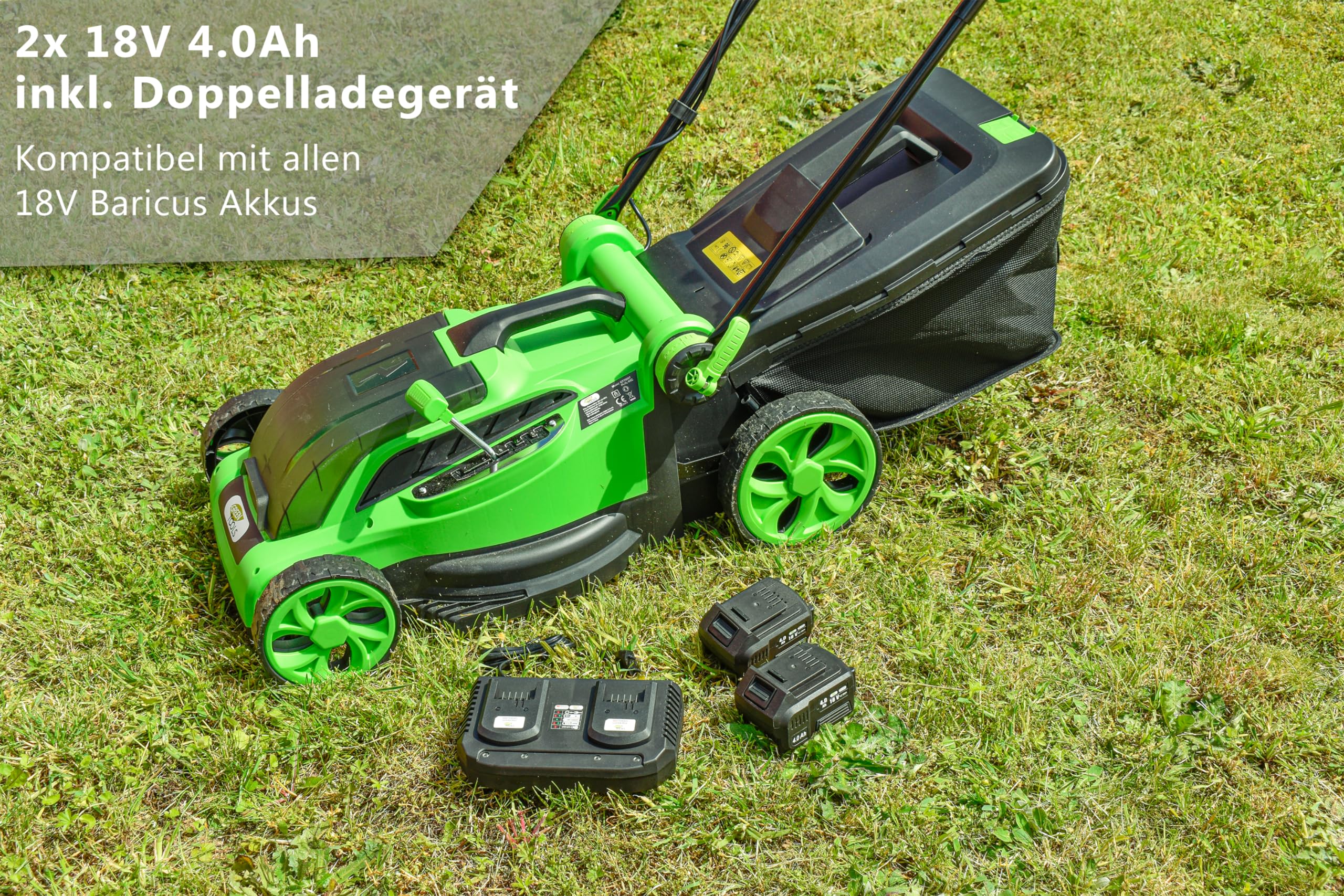 Akku-Rasenmäher 36V mit 2×4Ah Akku & Doppelladegerät | Brushless-Motor · 38 cm Schnittbreite · Mulchfunktion · Doppelladegerät