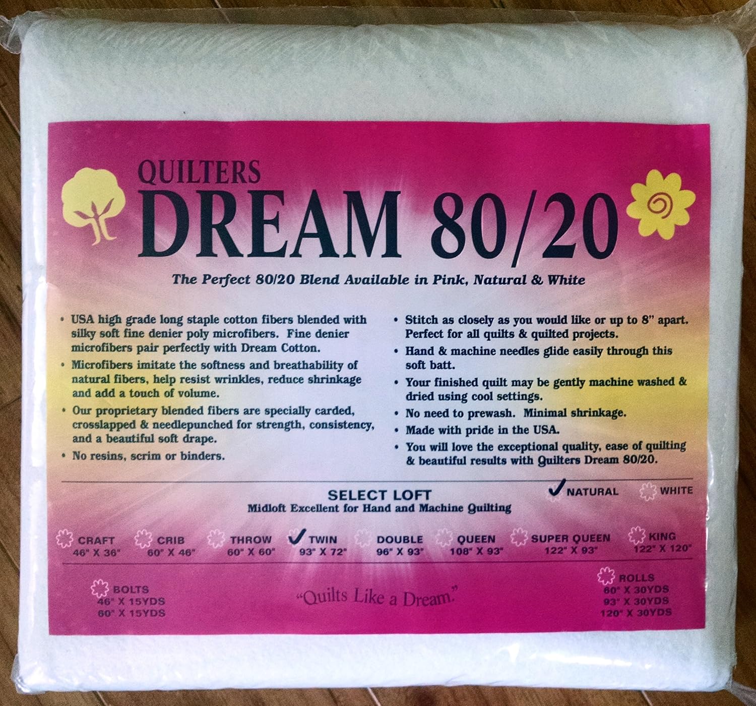 Quilter's Dream 80/20, Natural, Select Loft Batting - Twin Size 93"X72"