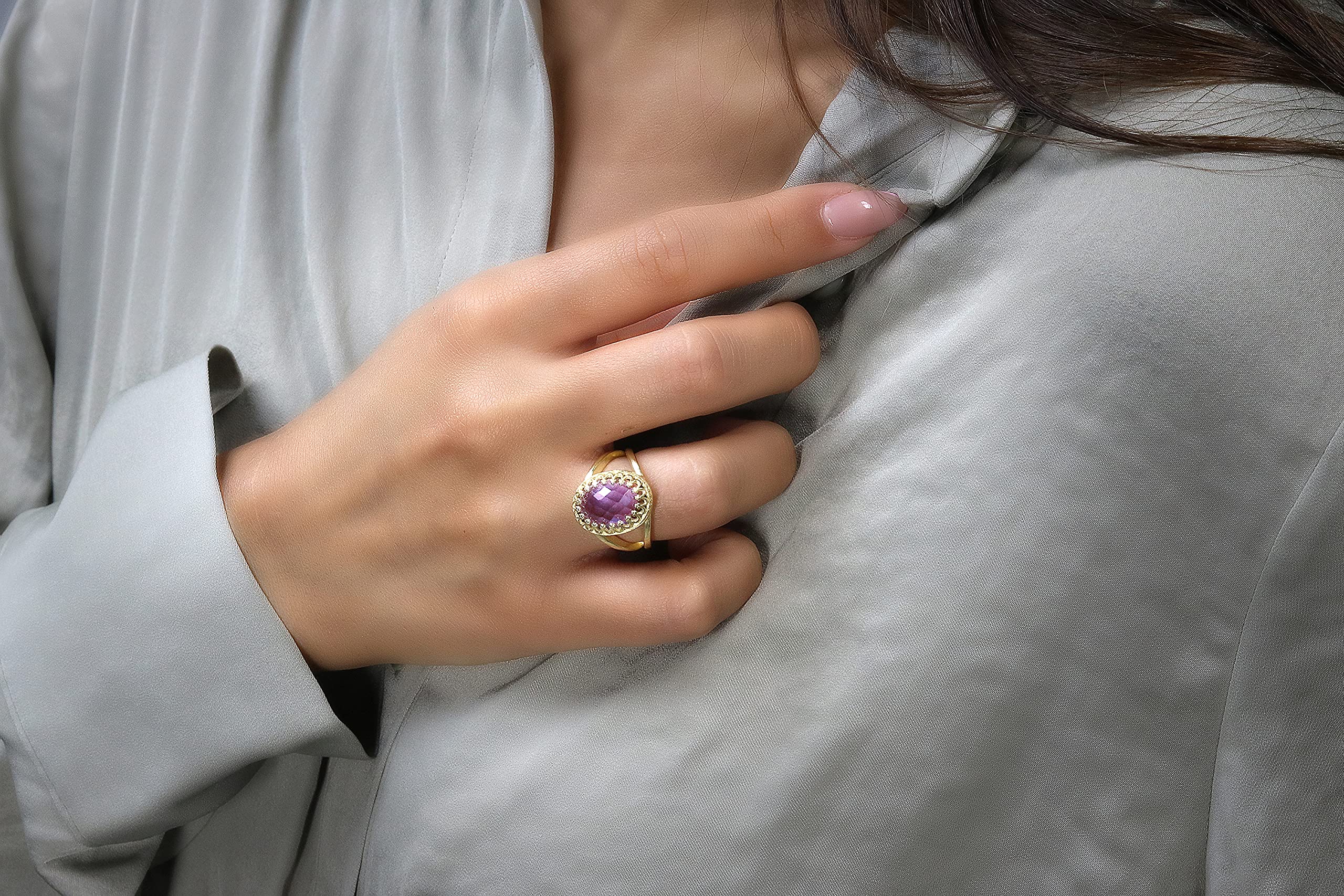Anillo de Amatista Doble Banda Oro 14k Piedra Natal Febrero Facetado