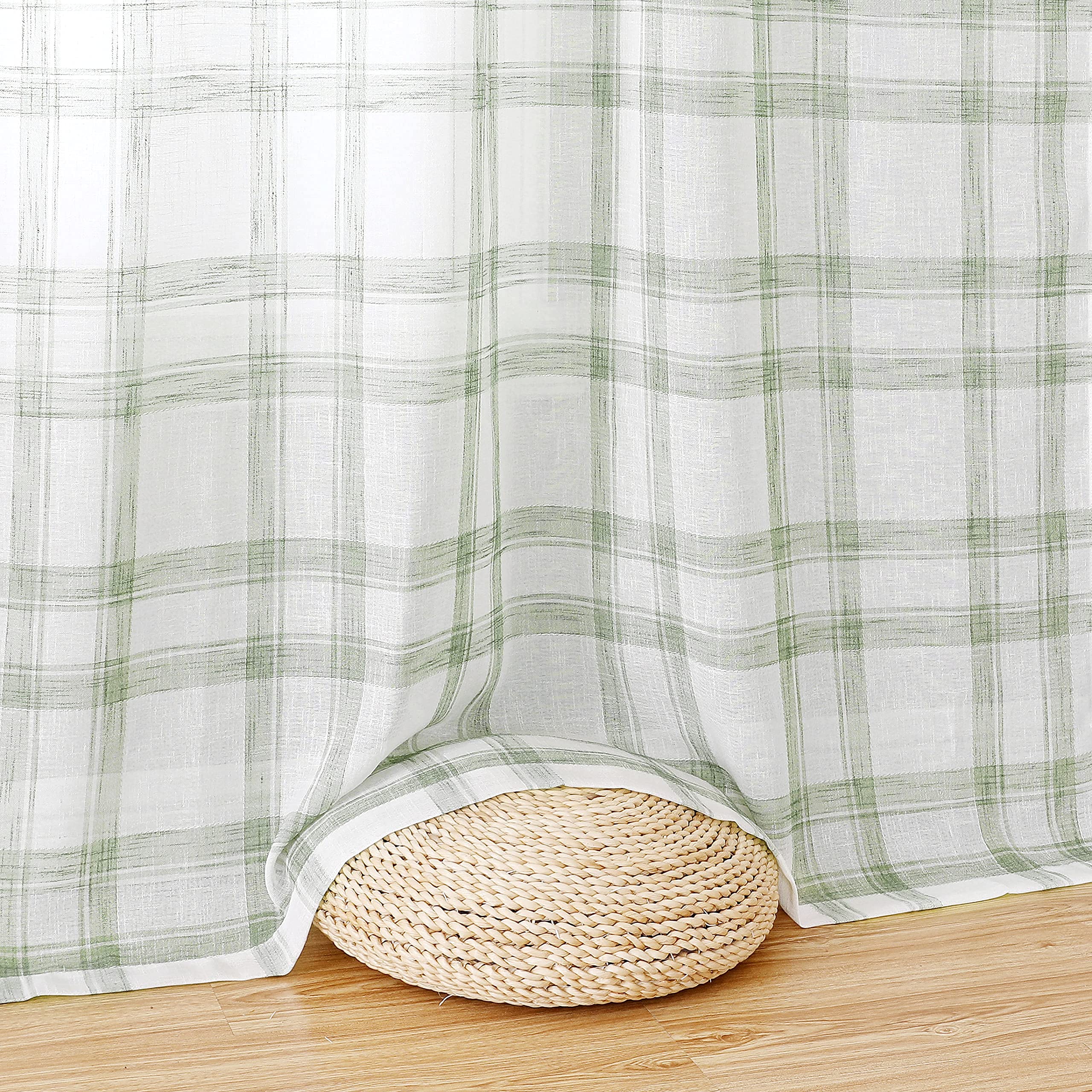 White Green Geometric Window Curtain Panel Pairs 84" Long for Living Room Linen Blend Semi Sheers Grommets Top Rustic Farmhouse Style Window Treatment Drape Sets for Holiday 54"x84"x2, Sage/White