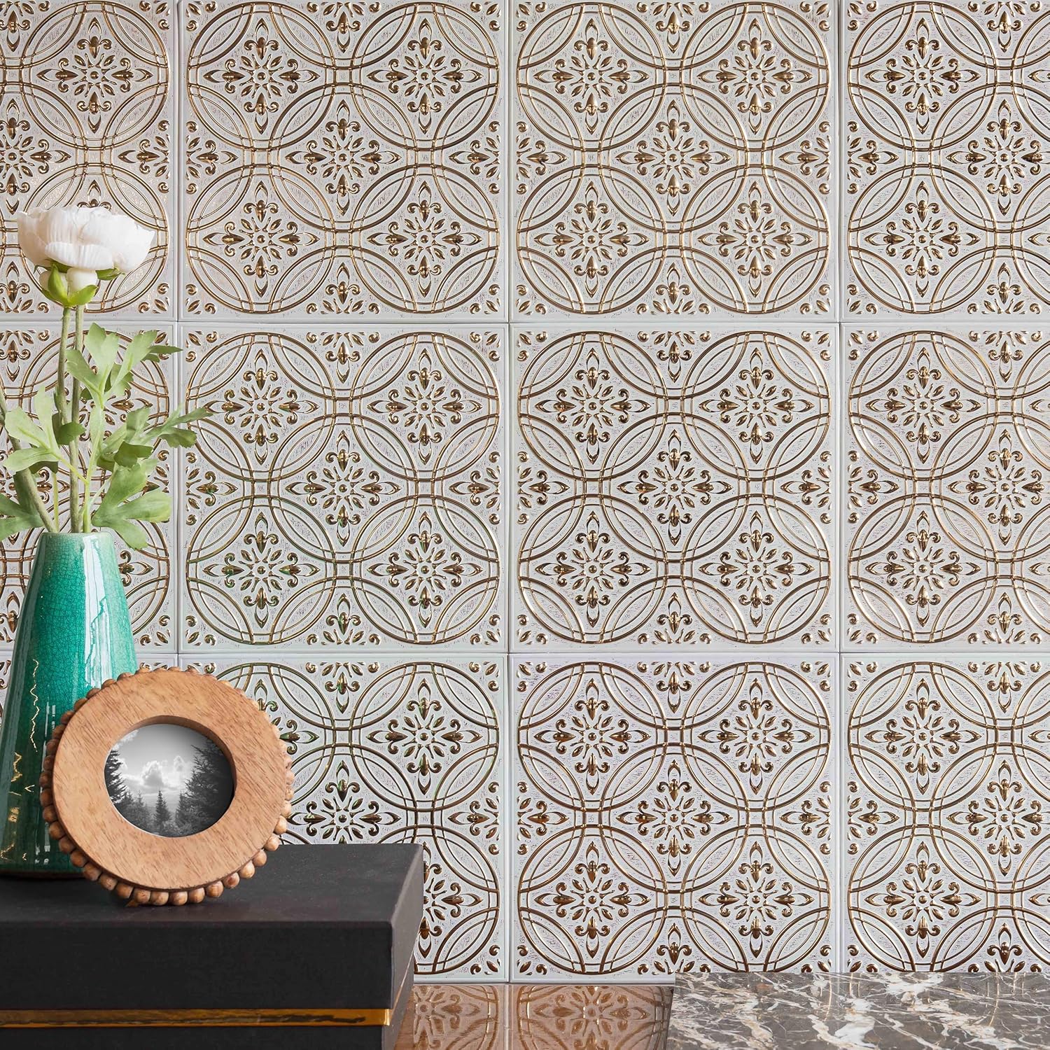 10-Pack Peel and Stick Backsplash Tiles 8" x 8" Pastel Painted Gold Design, Water-Resistant, Renter-Friendly, Aluminum Backsplash Tile for Kitchen, Bathroom, Ceiling & DIY Projects