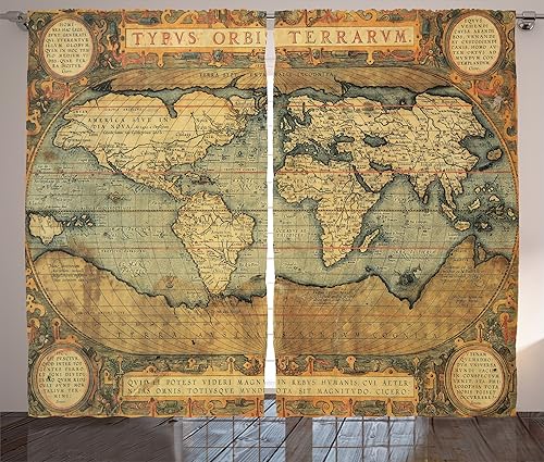 Ambesonne Cortinas de mapa del mundo, gráfico antiguo, composición vintage del Atlas del siglo XVI, juego de 2 paneles de cortinas para sala de