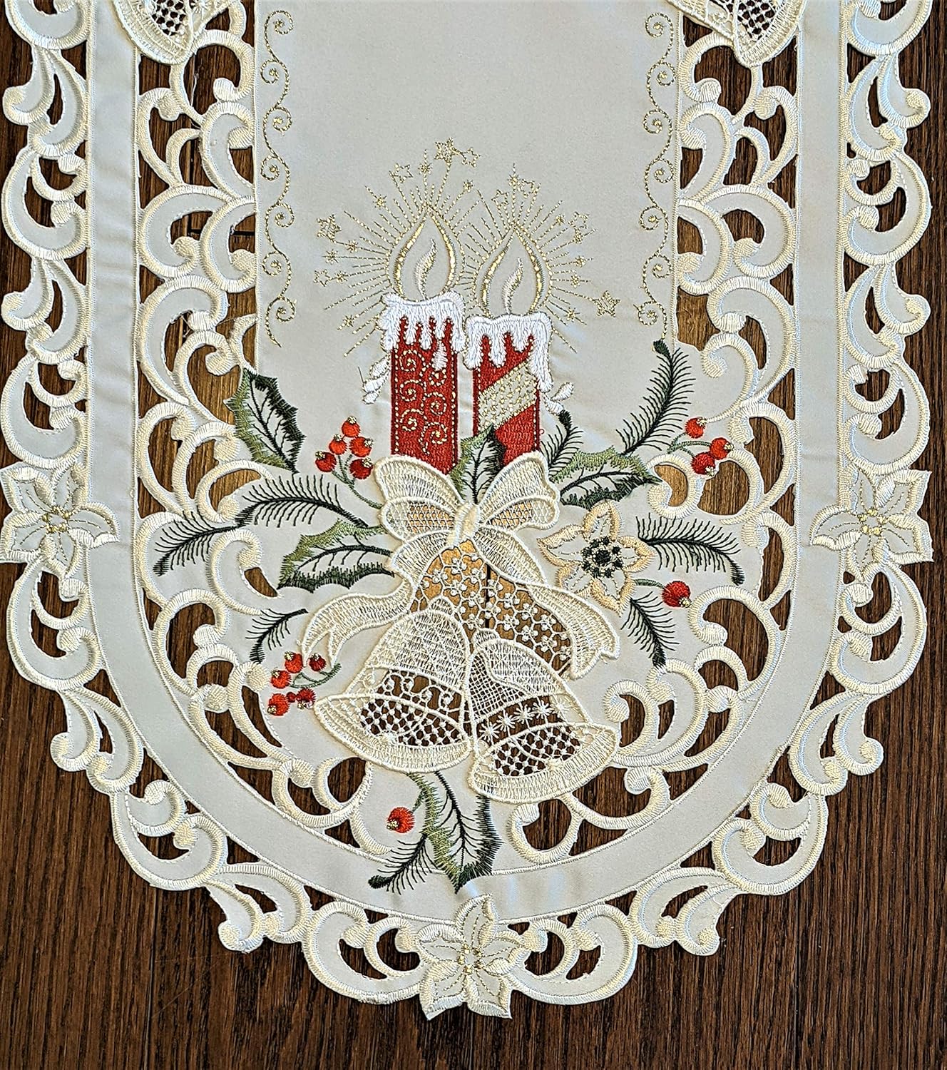Table Runner with Red Christmas Candles and Lace Bells on Material Size 34 x 15 inches