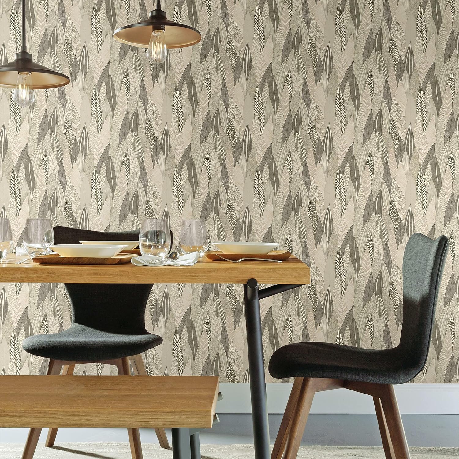 RoomMates RMK12082RL Neutral Brown Fern and Feathers Peel and Stick Wallpaper