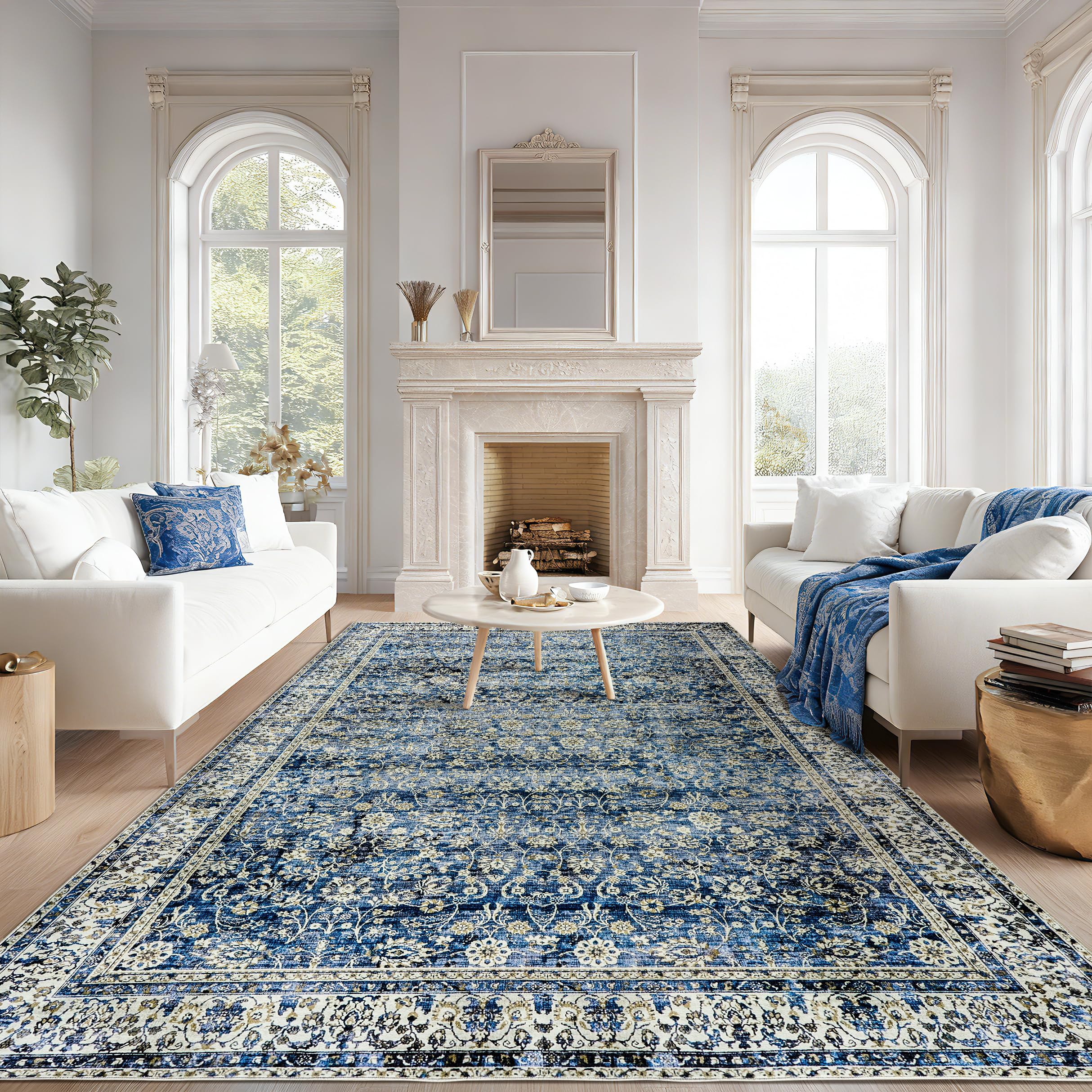 Photo 1 of Blue Area Rug for Living Room 8x10 Washable Vintage Farmhouse Big Large Boho Distressed Carpet Rugs for Bedroom,Light Blue and Cream Polyester Rayon Cotton Blend