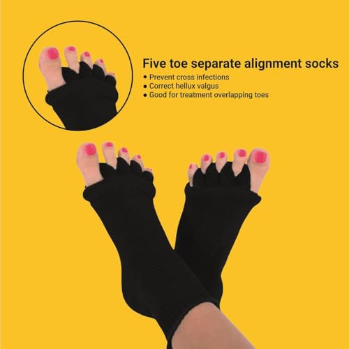 Image of Foot Alignment Socks I Cotton Finger Toe Separator I Easing Bunion Hammertoe And Arthritis Pain Relief I Improving Posture & Increasing Flexibility I Free Size | For Men & Women (Black)
