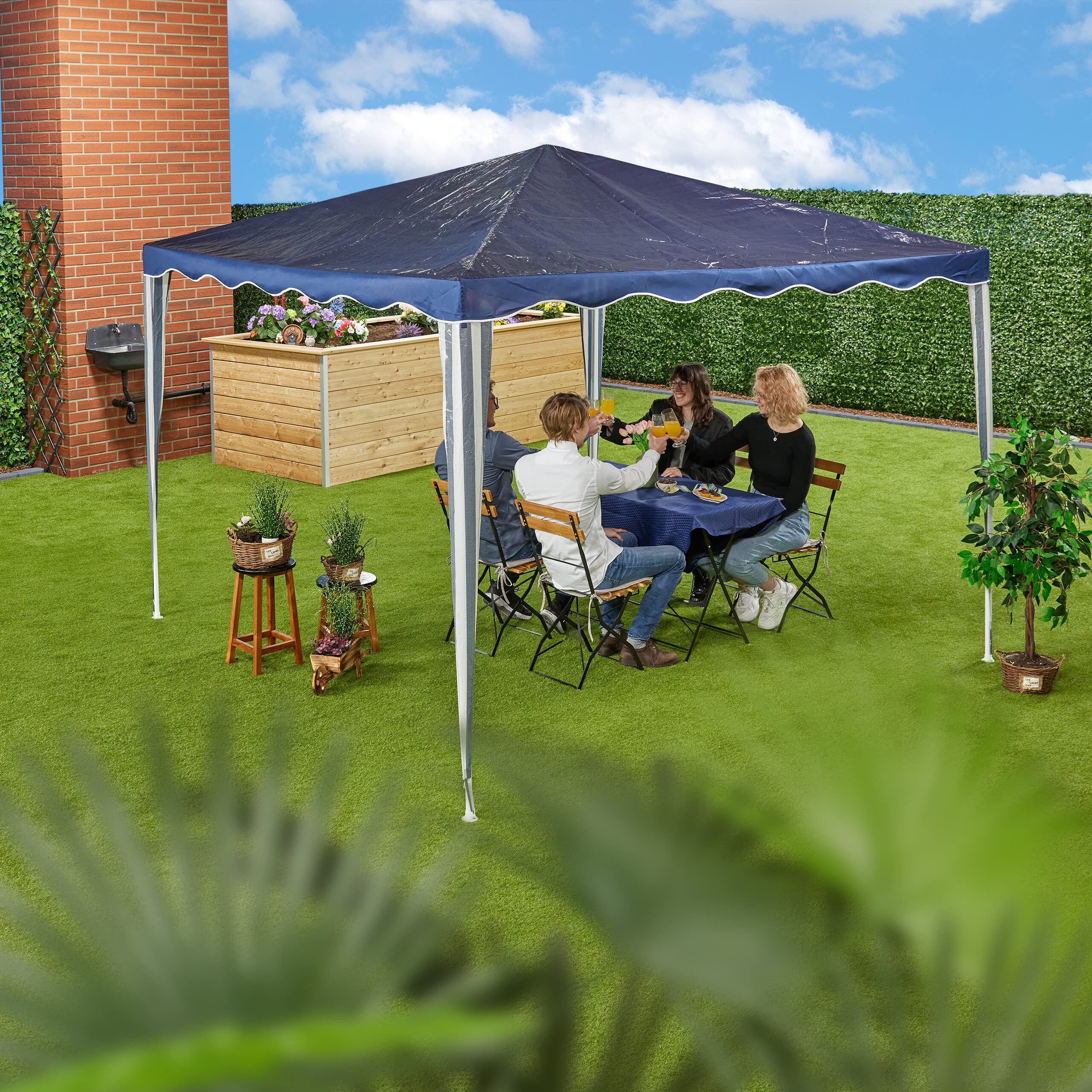 Relaxdays Pavillon, HxBxT: 2,5 x 3 x 3 m, PE, Stahl, wasserdicht, reißfest, Stecksystem, Gartenpavillon, dunkelblau/weiß