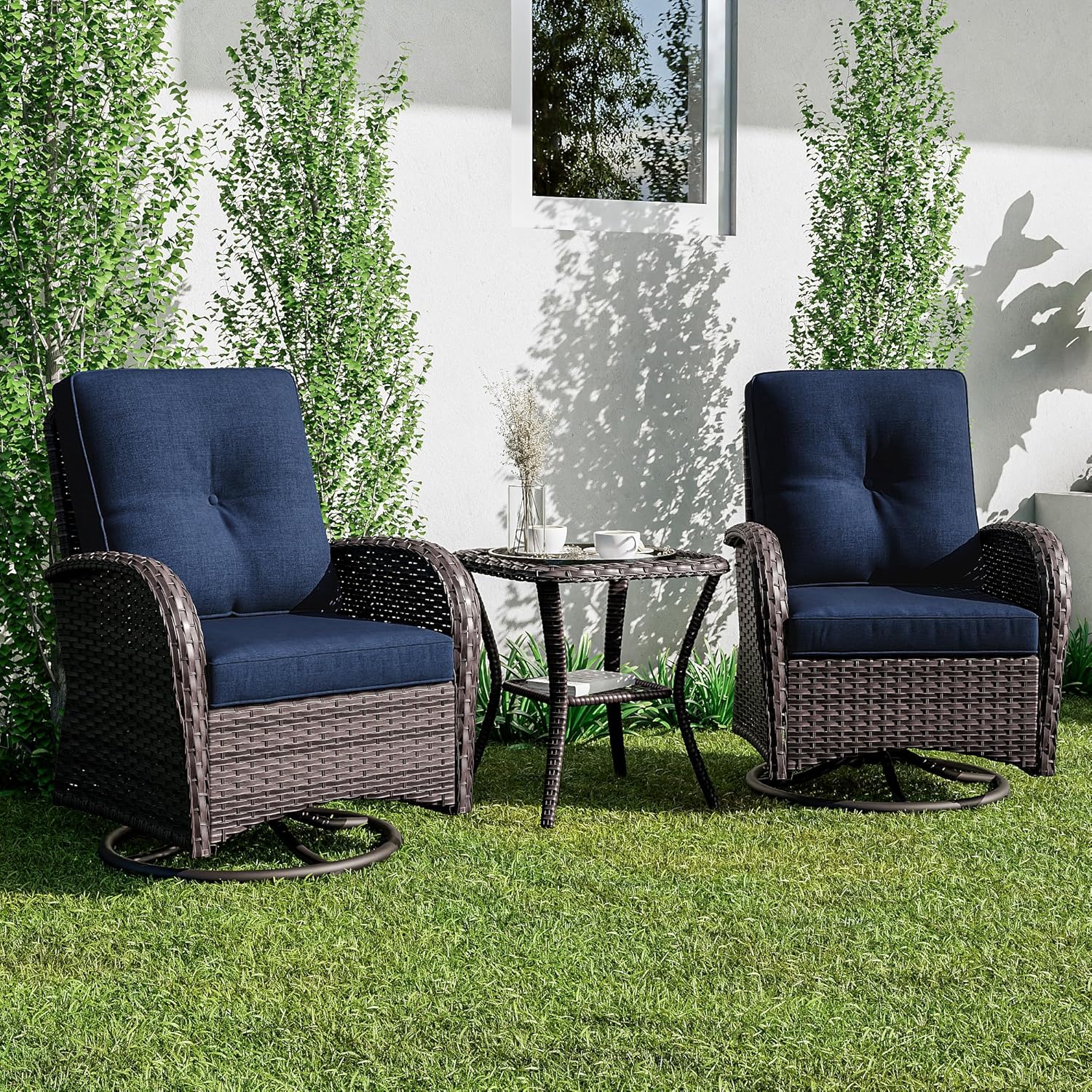 Joyside Patio Swivel Rocker Wicker Chairs - Outdoor Swivel Rocking Chairs Set of 2 with Wicker Side Table, Patio Swivel Rocker Chair 3 Piece Patio Furniture Sets for Porch Deck(Brown/Blue)