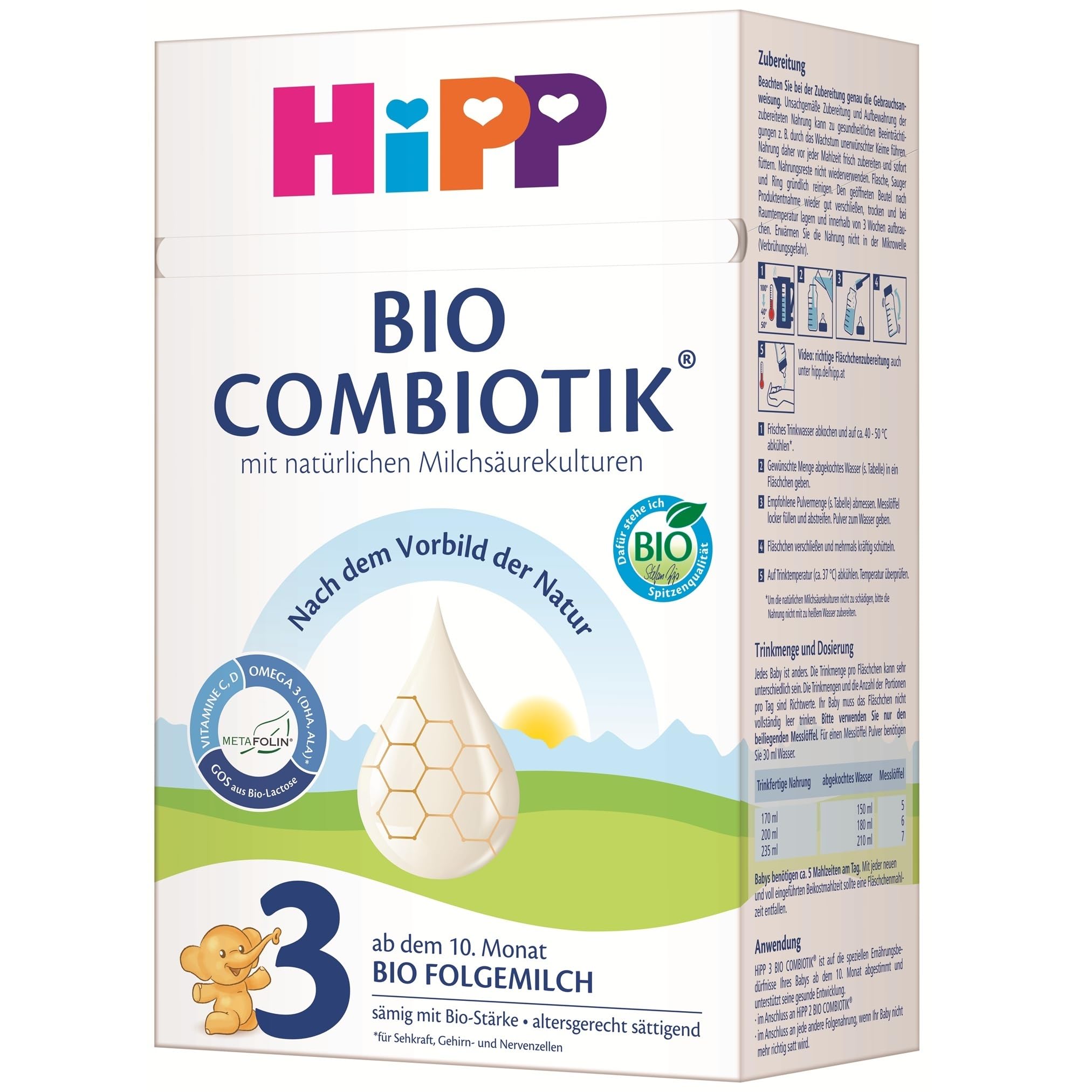 HiPP 3 Bio Combiotik Folgemilch ab 10. Monat (4 x 600g) mit natürlichen Milchsäurekulturen, Vitaminen C und D, GOS, Omega-3