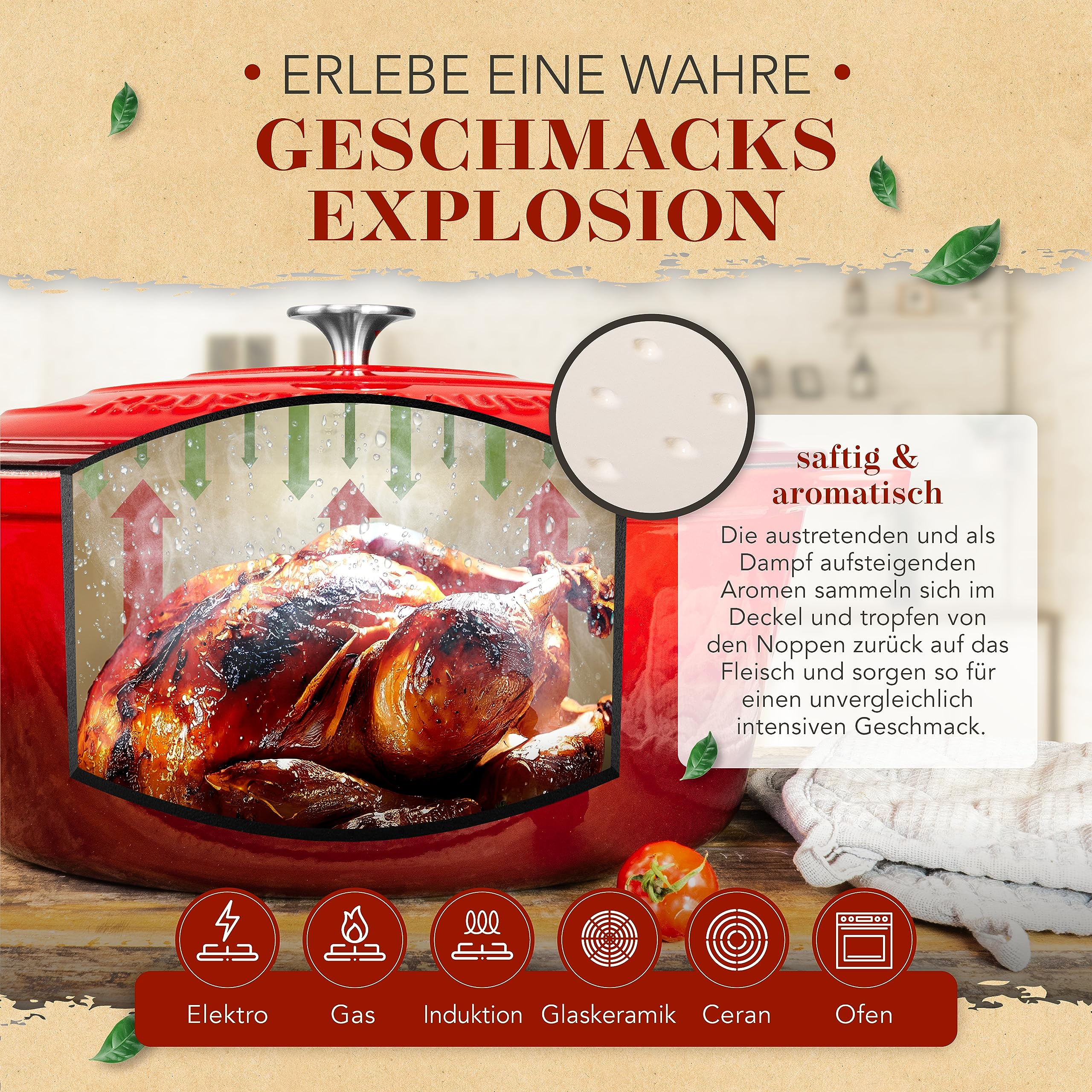 KRUSTENZAUBER 37 cm Gusseisen Bräter mit Deckel | Zartes Fleisch und aromatische Schmorgerichte, Bräter mit Deckel für Ofen & Induktion, 9 kg Gusseisen, inkl. Geflügelschere