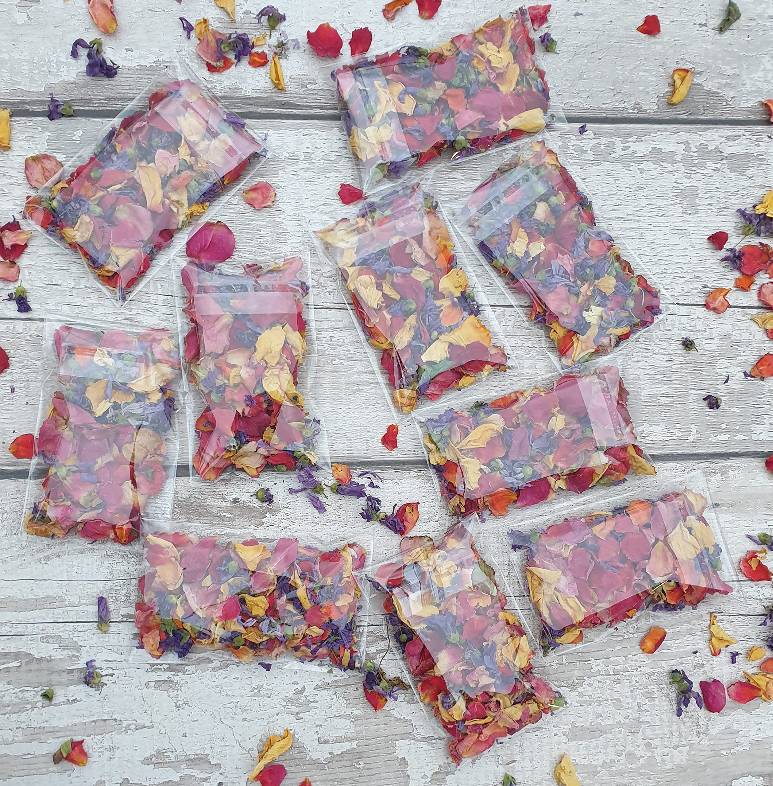 Fun Floral Fusions 10 Filled Clear Packets of Summer Mix - Wedding Confetti - Dried Flower Petals - Real Petal