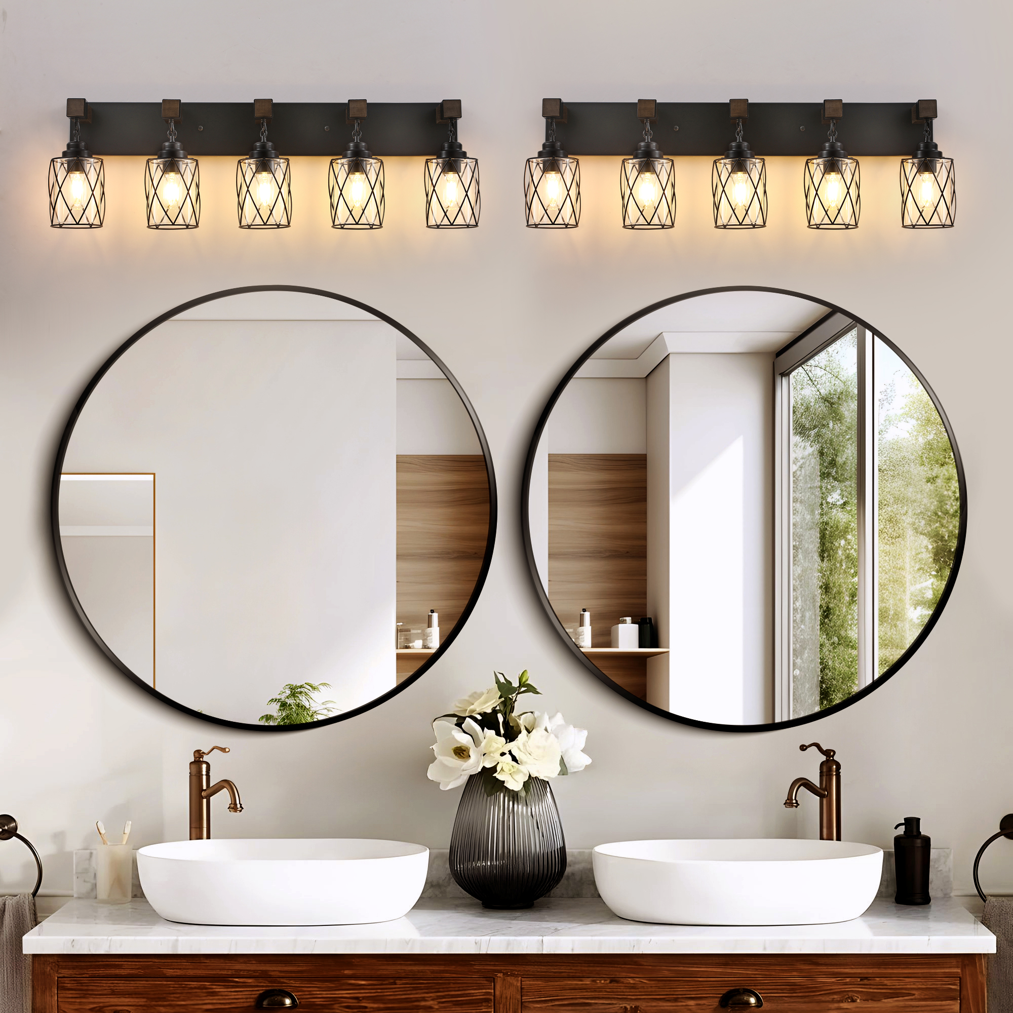 Image of Bathroom Light Fixtures, Farmhouse Wood & Black Metal with Glass Shade | 5 Light Rustic Vanity Lights, Mounted Over Mirror For Bathroom, Bedroom and Hallway, Easy To Install