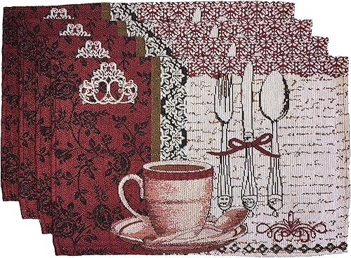 Juego de 4, manteles individuales con estampado de café, diseño de decoración de mesa para mesa de comedor, tapete para comedor fácil de limpiar,