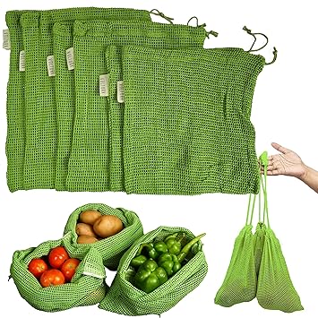 VOLTURI 100% Cotton Vegetable Bags for Fridge Storage (Pack of 6), Eco-Friendly Natural Cotton Mesh Net Fridge Storage Bags with Drawstrings for Vegetables & Fruits, Food-Safe, Biodegradable, Reusable - image, photos