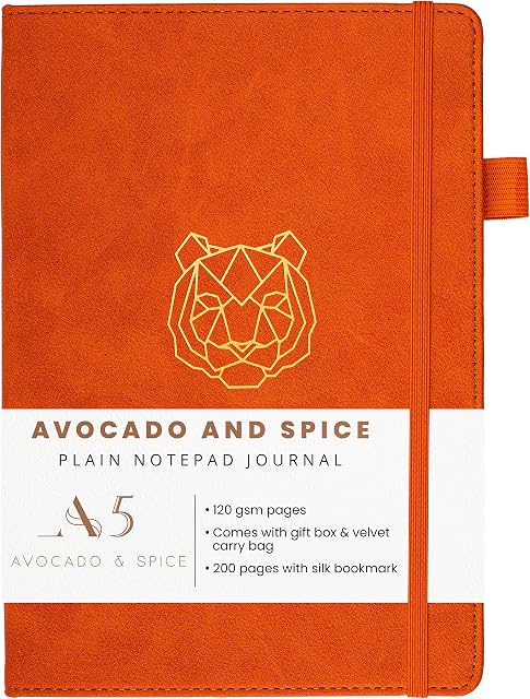 A5 Notepad Plain Paper Notebook by Avocado and Spice® with Gift Box & Velvet Bag - Sketchbook A5 Hard Back Notebook - Elastic Strap, Pen Holder, 200 Thick Pages A5 Journal Notebook (Orange, Plain)