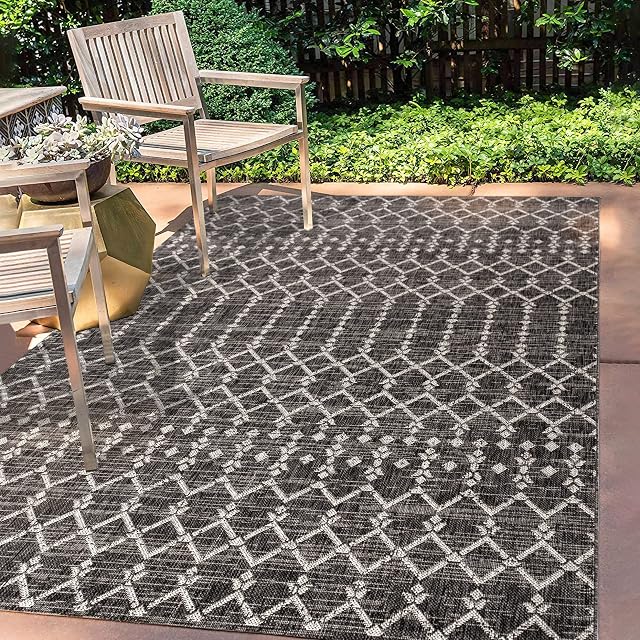JONATHAN Y Ourika Moroccan Geometric Textured Weave Indoor/Outdoor Black/Gray, 240 cm X 300 cm, Area Rug, Bohemian,Easycleaning,Hightraffic,Livingroom,Backyard, Non Shedding