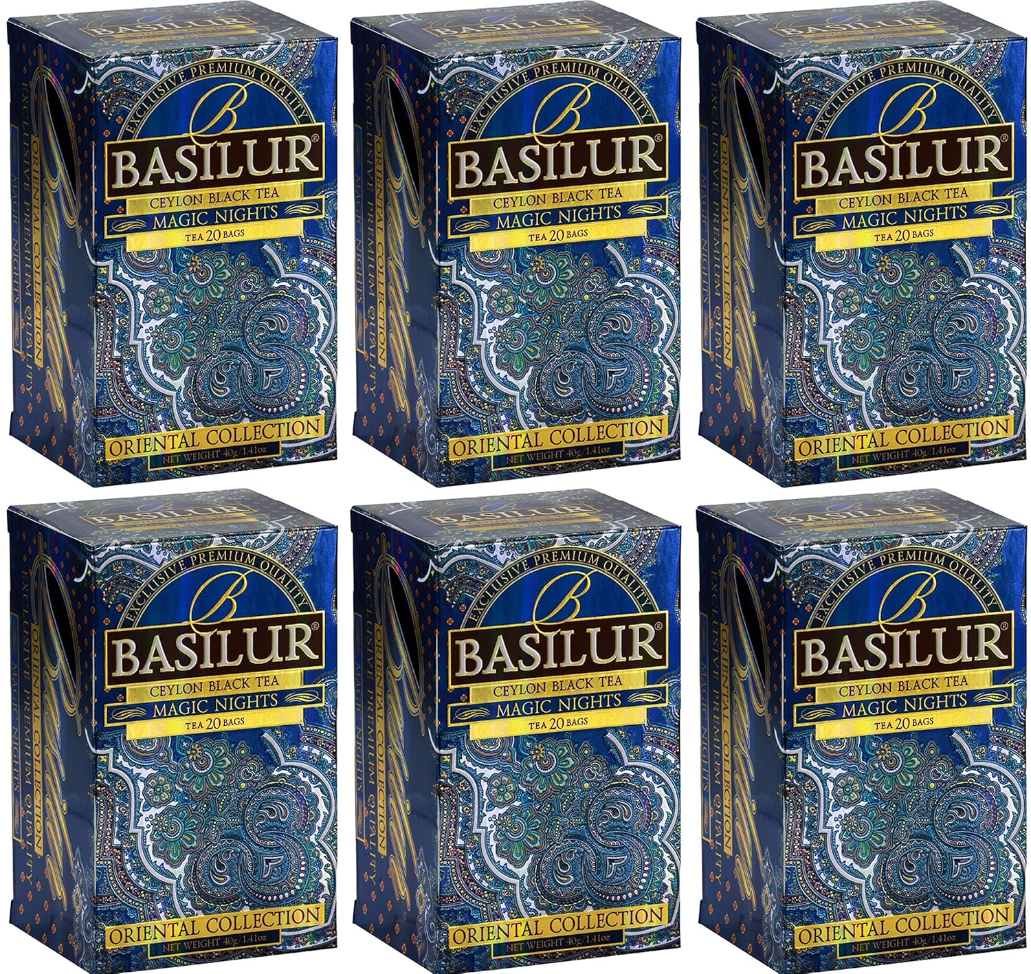 Basilur | "Magic Night " Oriental Tea Collection | 100% Pure Ceylon | 20 Count Foil Enveloped Teabags - Pack of 6