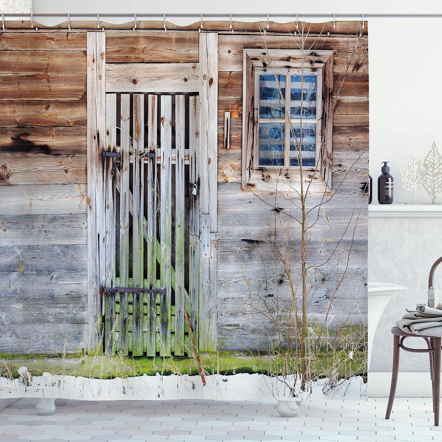 Ambesonne Prehistoric Country Shower Curtain, Retro Neglected Old Farmhouse Rustic Wooden Door and Window Rural, Cloth Fabric Bathroom Decor Set with Hooks, 69" W x 84" L, Brown Green Grey