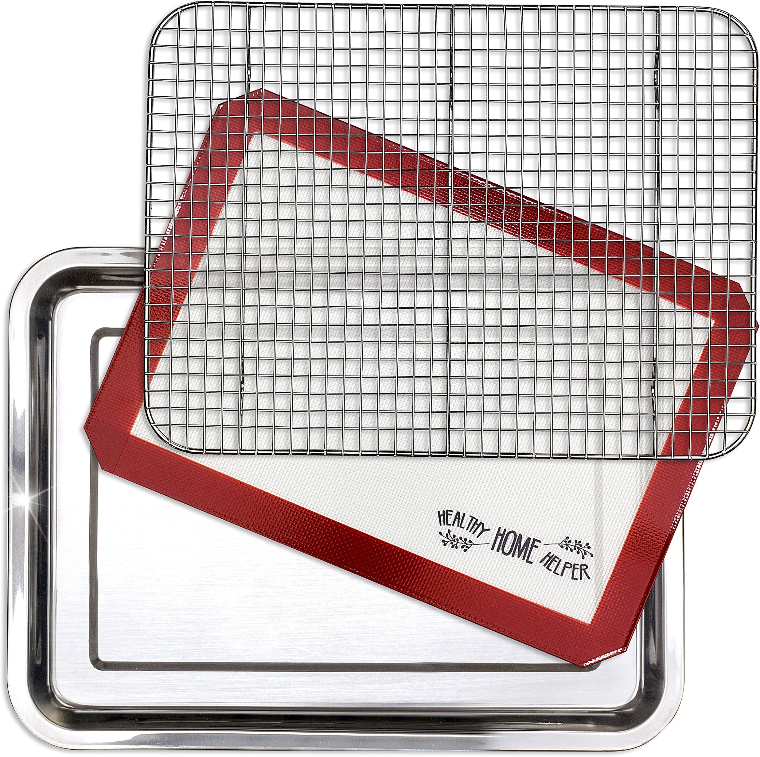 Stainless Steel Sheet Pan 15.5 x 11.5 inch Cooling Rack & Silicone Baking Mat Set - Extra Durable Cookie Sheet, Oven Safe non-toxic Heavy Duty Bake ware. for Roasting Bacon, Vegetables, and Cake.