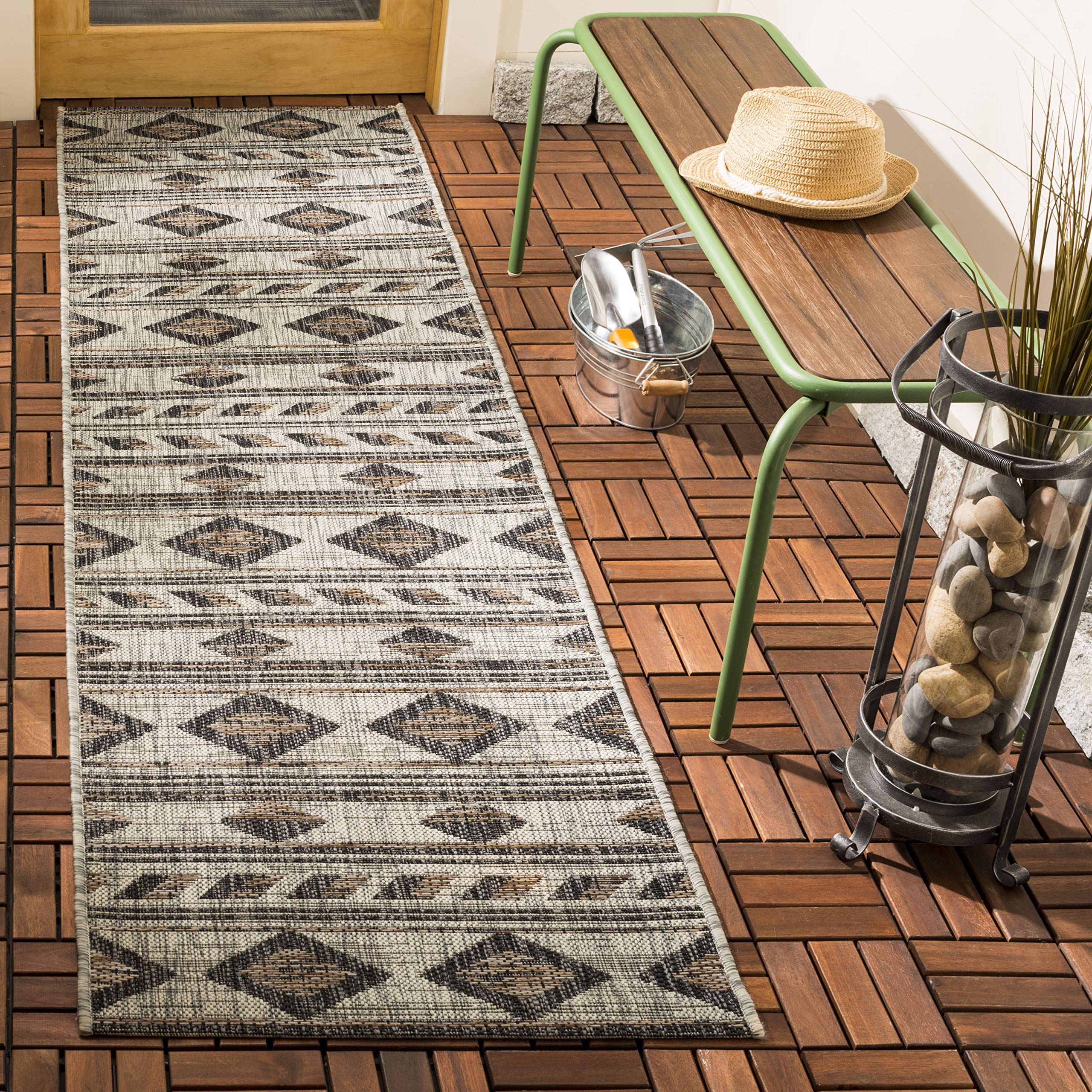 SAFAVIEH Washable Rug Outdoor Courtyard Collection - 2'3" x 20' Runner, Grey & Black, Non-Shedding & Easy Cleaning, Ideal for Patio, Entryway, Mudroom