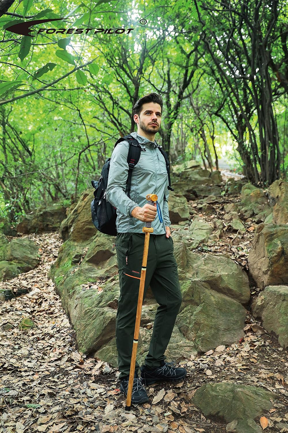 FOREST PILOT 3pc Detachable Hardwood Walking Stick for Hiking with Compass 48 Inches - Soft Hand Strap - Rubber Tip Cover