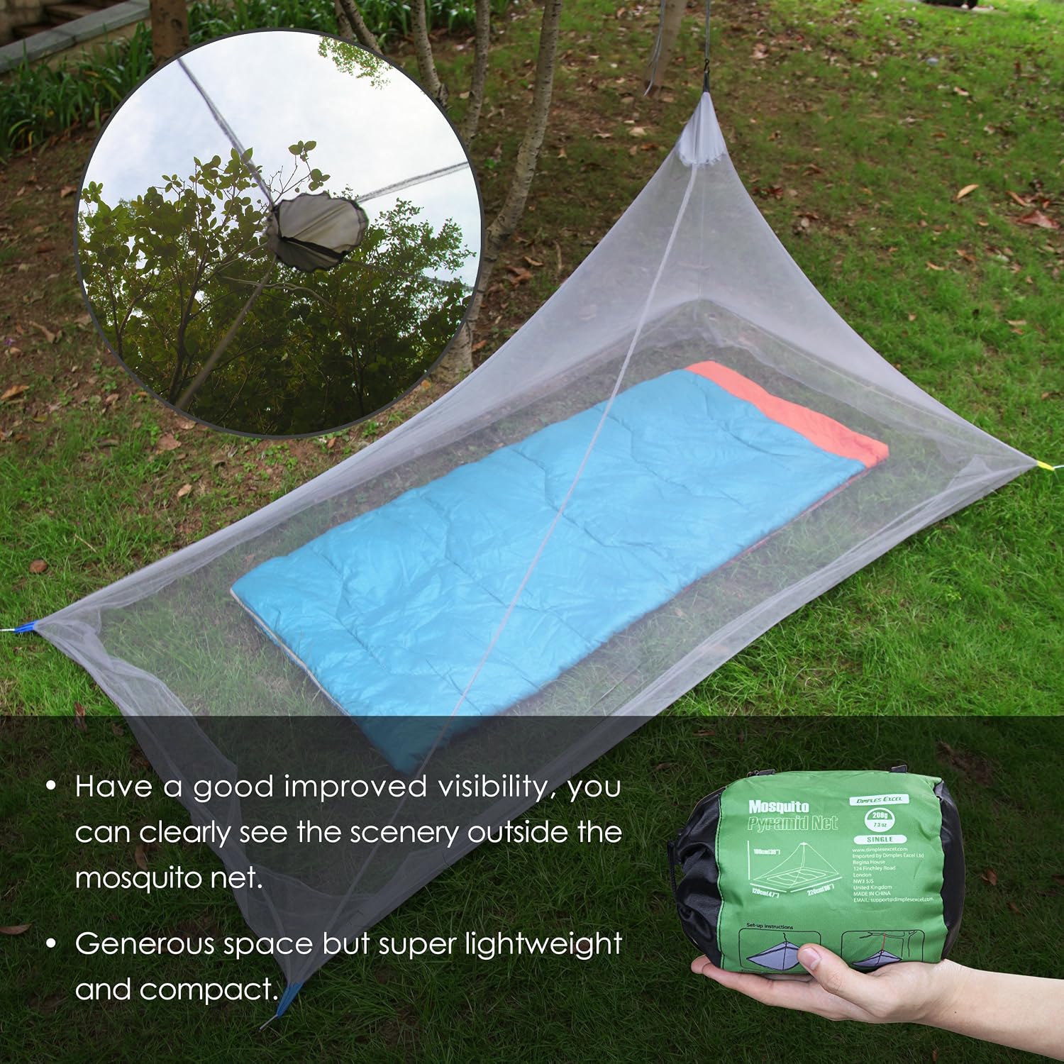 Dimples Excel Mosquito Net for Single Camping Bed - 250 Holes per Square Inch, Compact and Lightweight