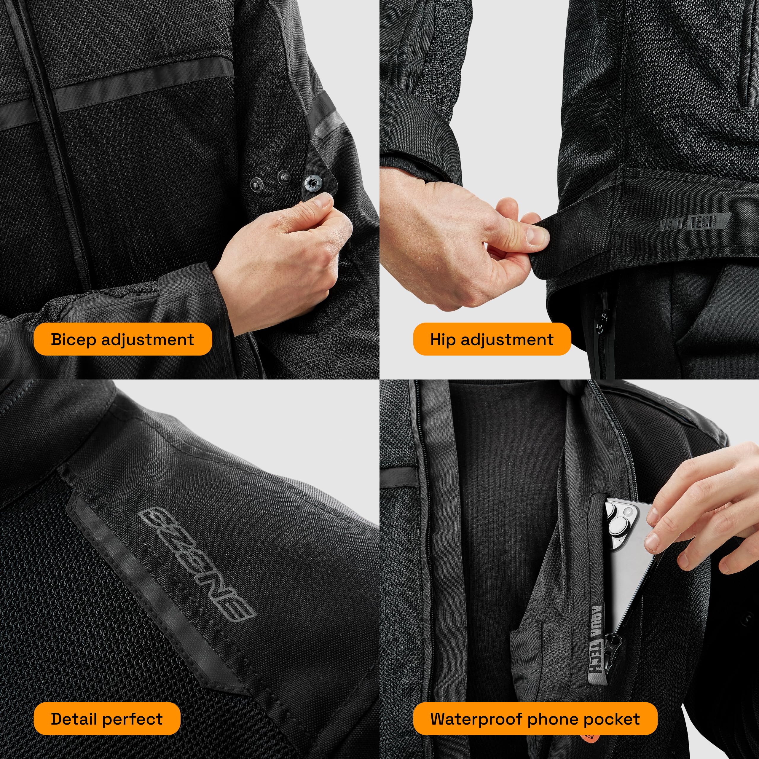 OZONE MOTO Neo Air Motorradjacke Herren | Textil | Ellbogen und Schulterprotektoren Stufe 1 | Rückenprotektortasche (Protektor Unten Kaufen) | Große Mesh Belüftungspaneele | Größen bis 2XL