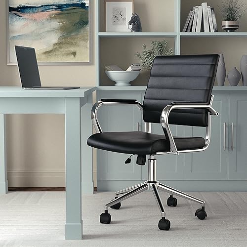 Martha Stewart Piper - Silla giratoria con reposabrazos para oficina en casa en piel sintética negra con marco de níquel pulido