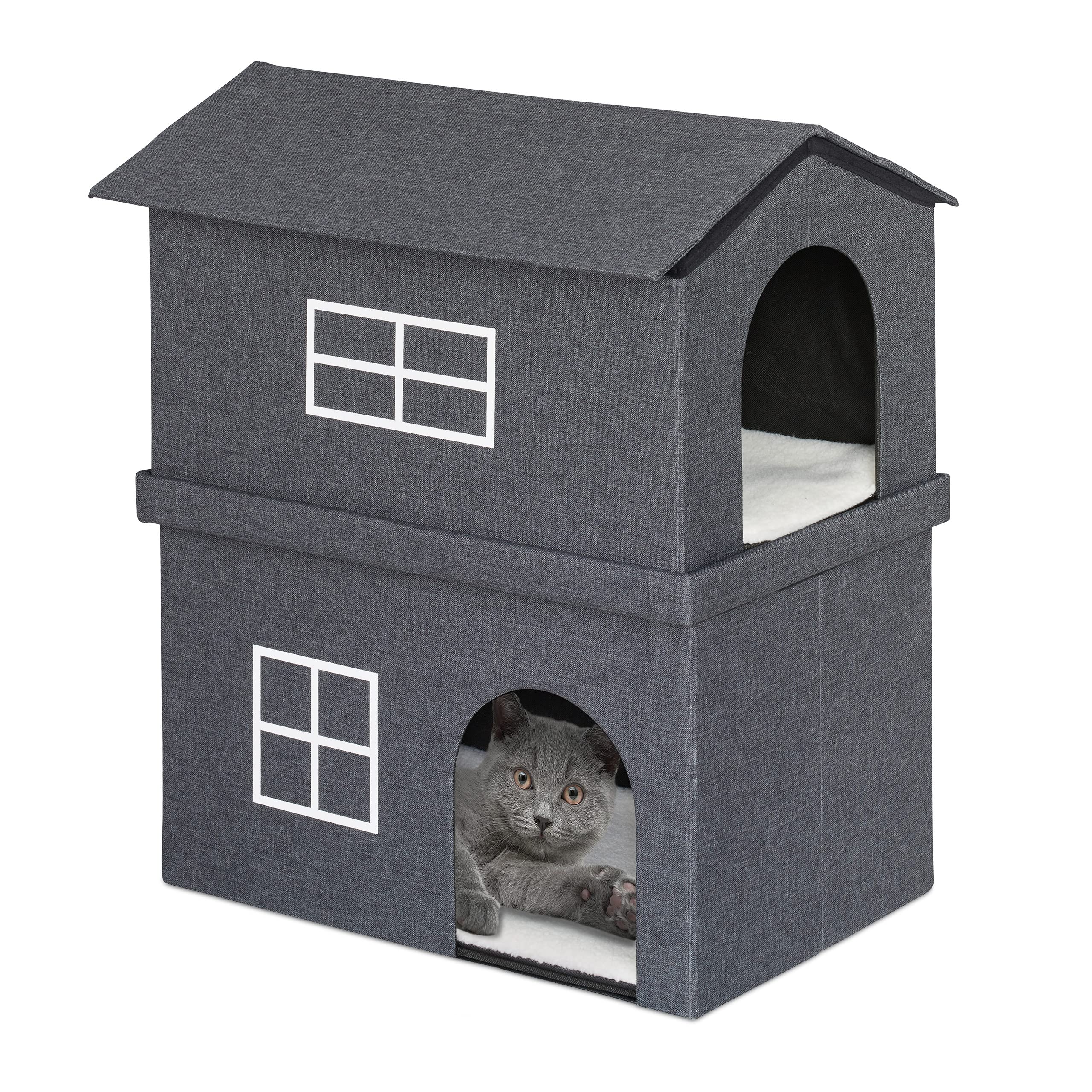 Relaxdays Gatos Cama Cueva Gato de Interior, Casa Gatitos 2 Pisos, Dos Entradas, Plegable, 71,5 x 62,5 x 44 cm, Gris Oscuro, Poliéster