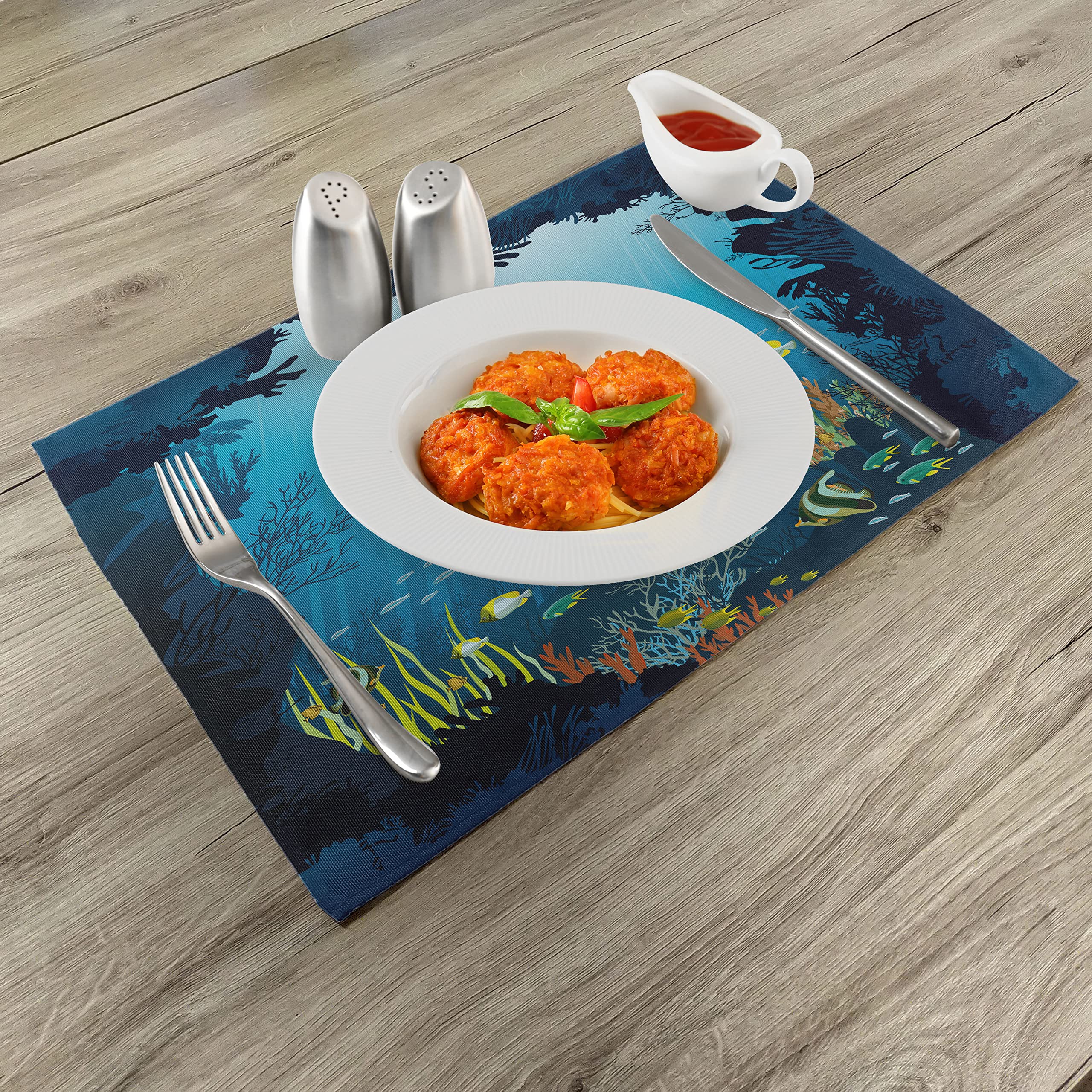 ABAKUHAUS Oceano Tovaglietta Americana Set di 4, Pesci Tropicali e Scogli, Tovagliette in Tessuto Lavabile per Tavolo da Pranzo Cena, Blu Scuro